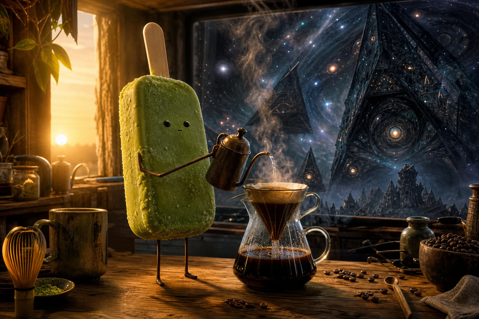 At dawn in a warm kitchen, a matcha-green ice cream bar with tiny limbs prepares drip coffee beside a steaming pour-over setup, while an eerie alien cosmos glows beyond the window.