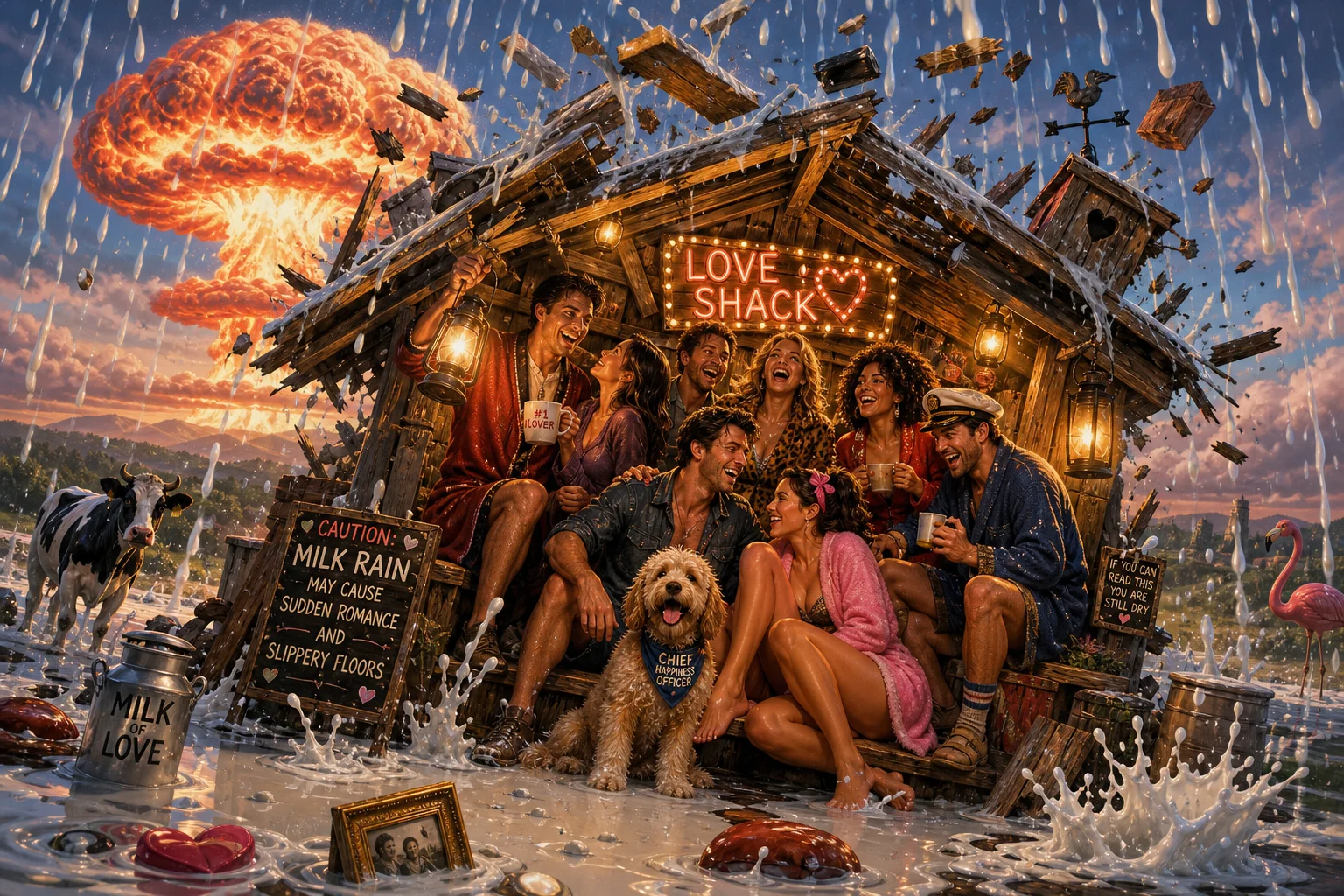 A cheerful group of fully clothed adults and a fluffy dog pose inside a cozy lantern-lit shack as its roof caves in, with cartoon debris, a distant mushroom cloud, and surreal white rain creating playful chaos.