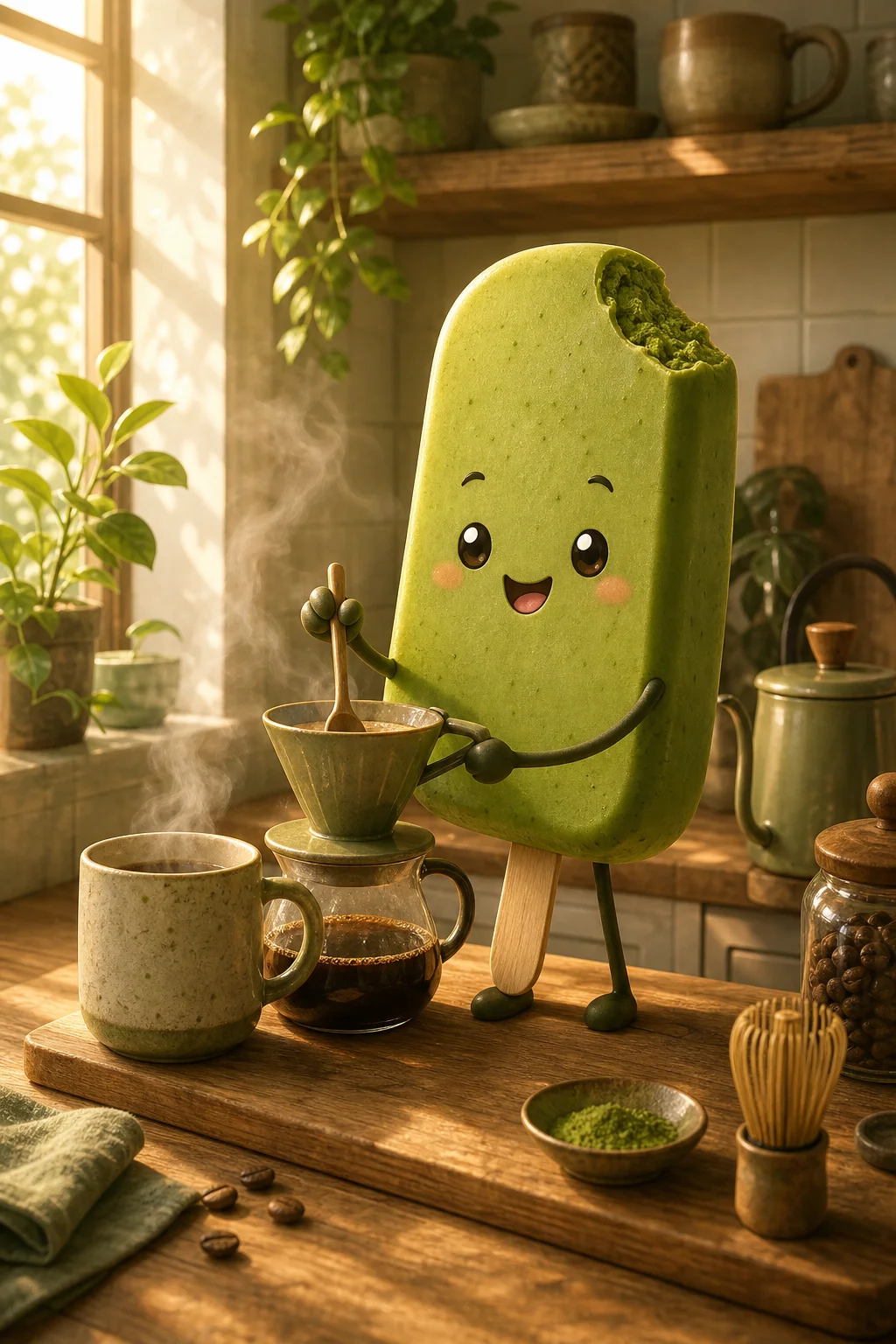 A cheerful matcha ice cream bar character makes coffee beside a mug in a cozy kitchen, with soft golden morning sunlight, rising steam, and warm whimsical details.