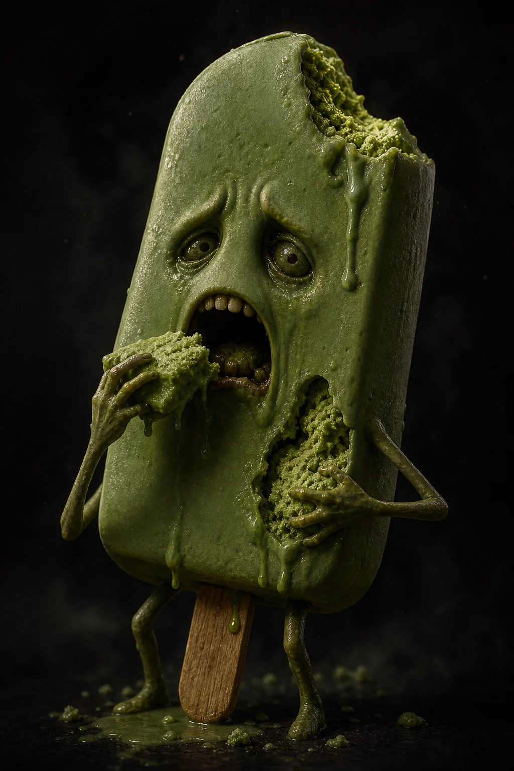 A surreal horror scene shows an anthropomorphic matcha ice cream bar on a wooden stick eating chunks of its melting body, surrounded by eerie shadows in a dark, ominous setting.