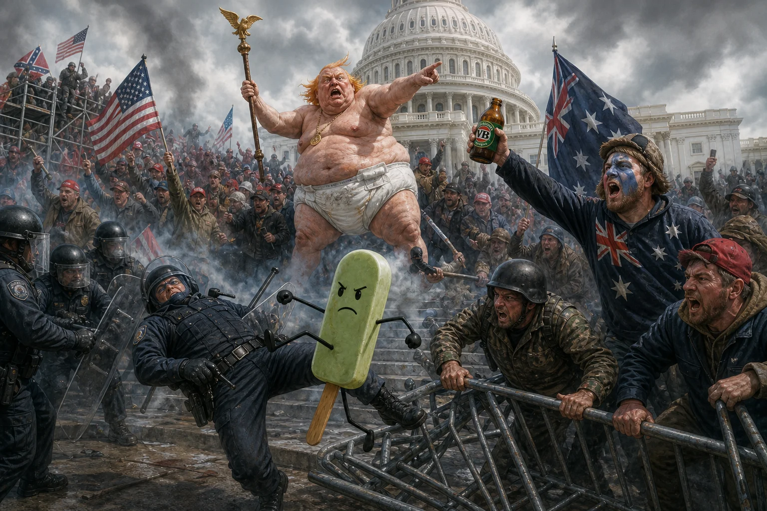 A surreal satirical painting depicts a chaotic protest at the U.S. Capitol, with shouting crowds, police holding a line, overturned barriers, smoke, and a matcha-green ice cream character kicking an officer.