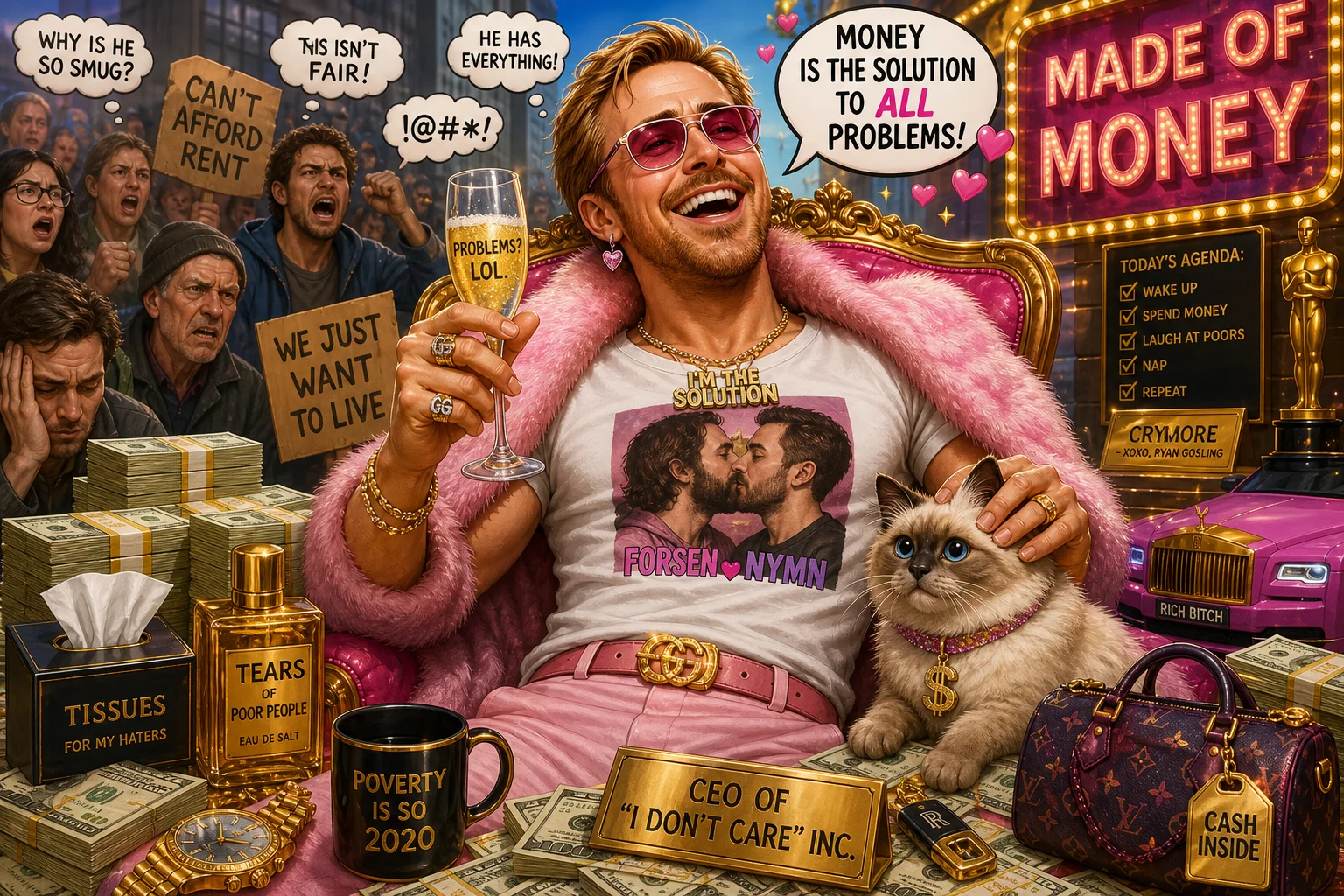 A flamboyantly dressed wealthy man smugly laughs while petting a cute cat, surrounded by stacks of cash and luxury items as frustrated onlookers gather in a vibrant satirical illustration.