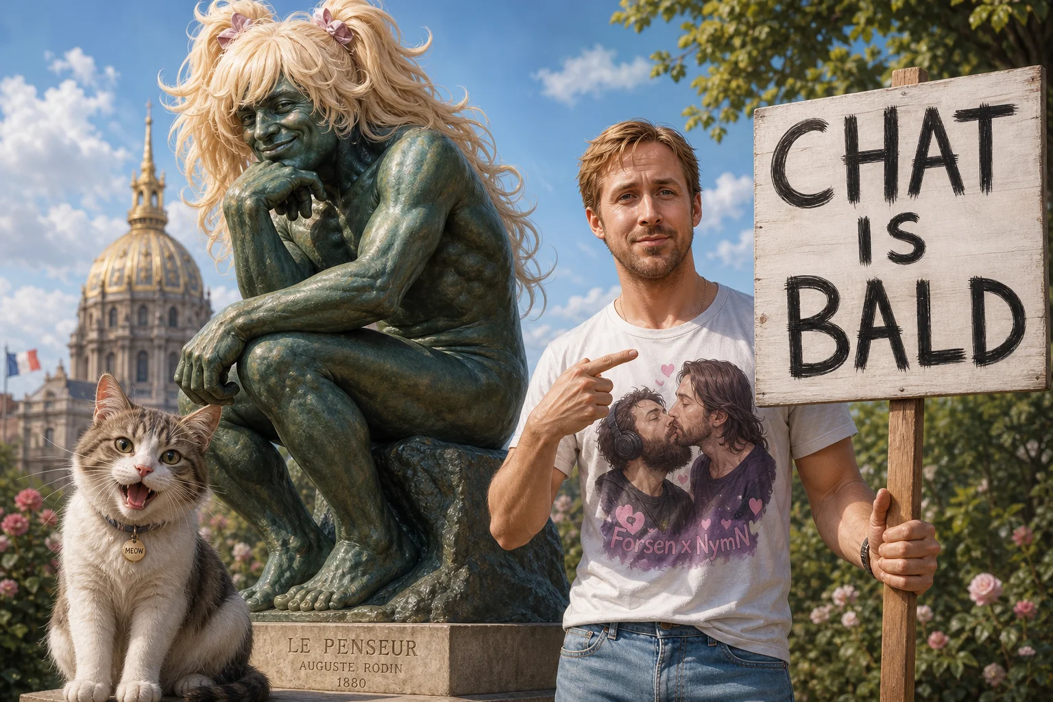 A whimsical surreal illustration shows Rodin’s seated Thinker in a blond anime-style wig beside a meowing cat, while a casually dressed man points to a bold “CHAT IS BALD” sign in a playful gallery-like setting.