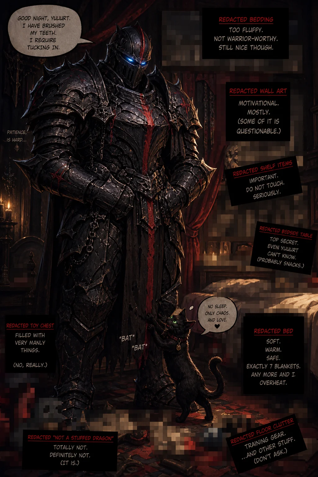 A towering black-armored knight with glowing blue eyes stands beside a bed while a mischievous black cat pesters him in a humorous, censored dark-fantasy bedtime scene.