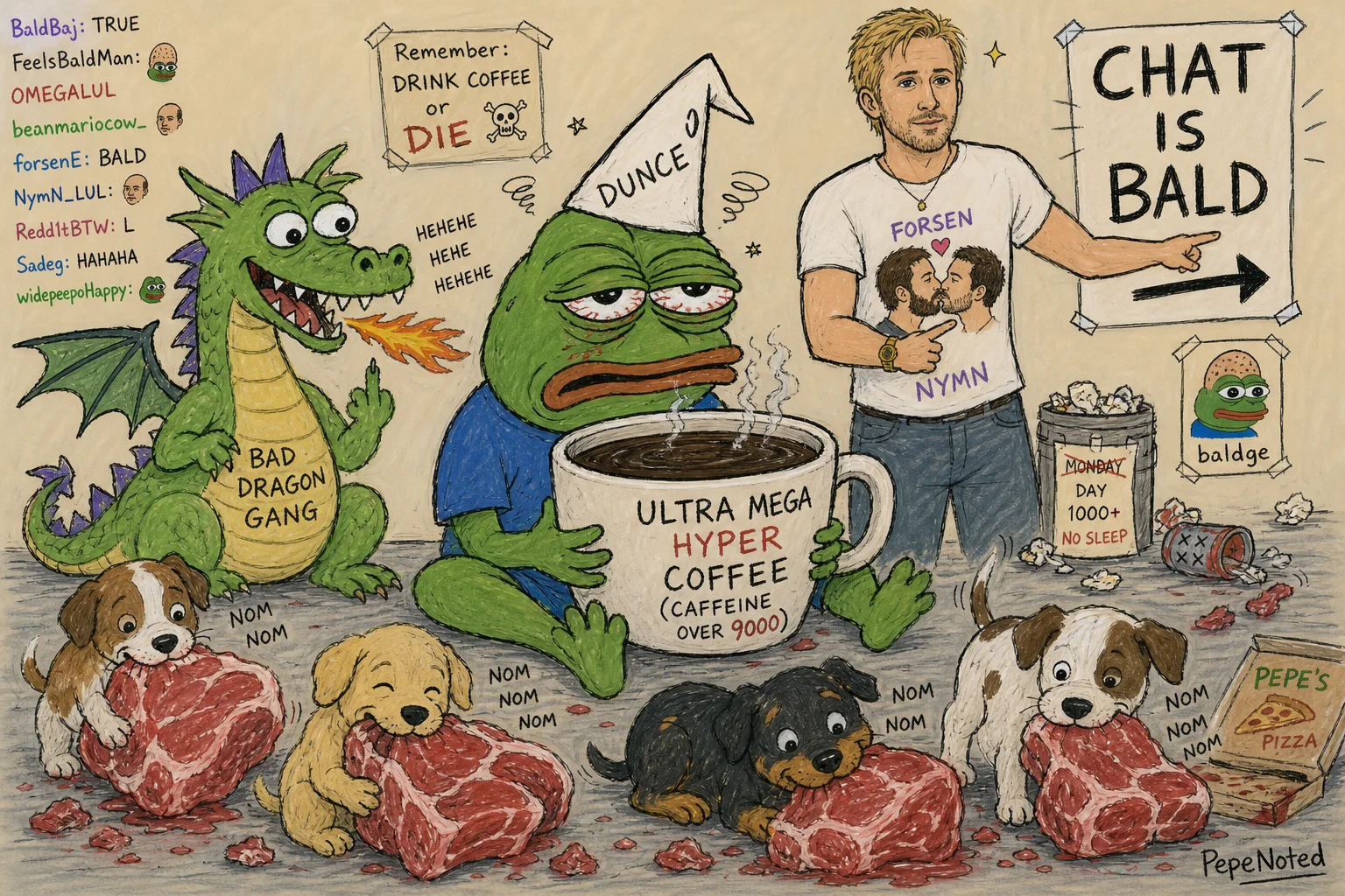 A rough, goofy cartoon shows an exhausted green frog in a crooked dunce cap clutching an oversized coffee cup, surrounded by puppies and a mischievous dragon, with a pointing man and a humorous sign in the background.