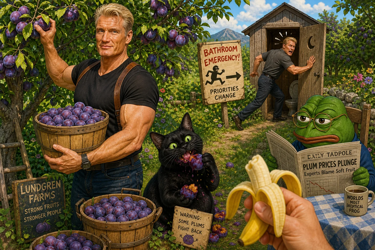 Whimsical storybook scene of Dolph Lundgren gathering purple plums in a sunny orchard as a green-eyed black cat eats them, while Pepe the Frog reads nearby and a hand holds a yellow banana.