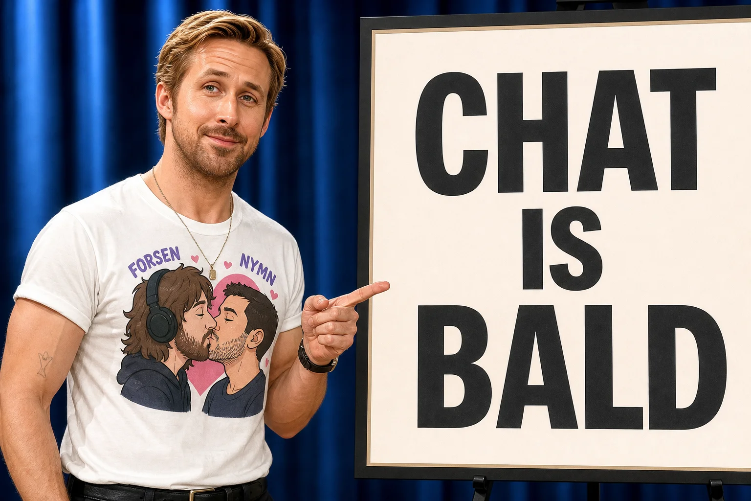 A humorous studio illustration shows Ryan Gosling pointing at a large “CHAT IS BALD” sign while wearing a T-shirt featuring cartoon streamers kissing.