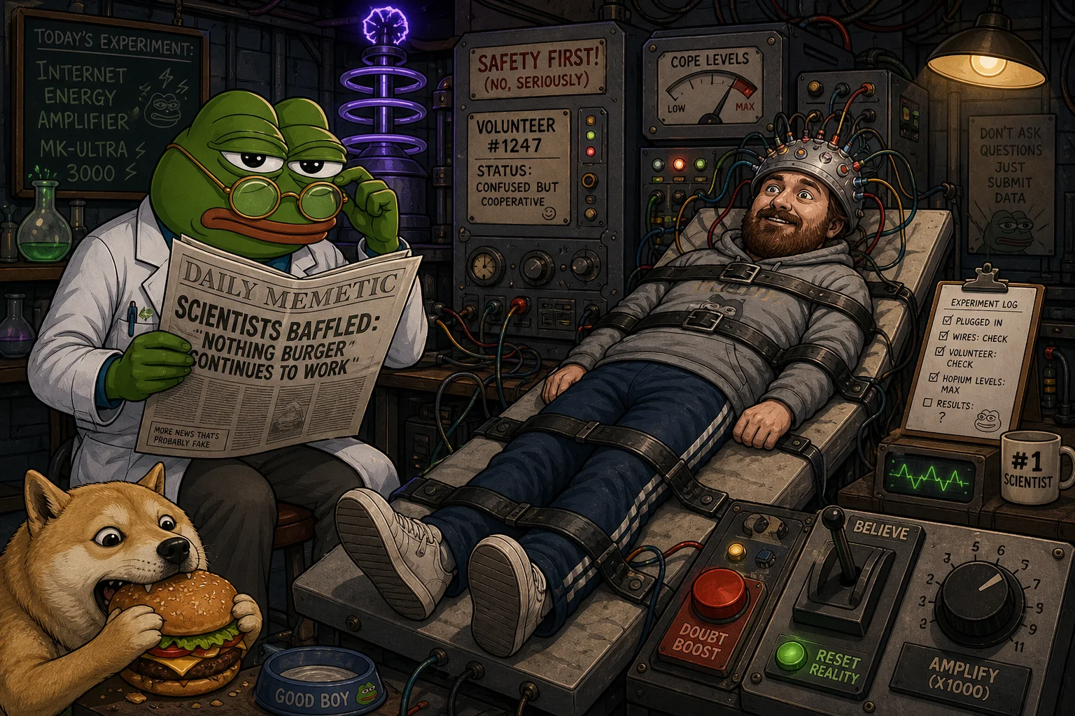 A bespectacled frog reads a newspaper at a laboratory workbench while a clothed volunteer is strapped to a harmless experimental table, and a dog eats a hamburger amid wires, gauges, and blinking equipment.