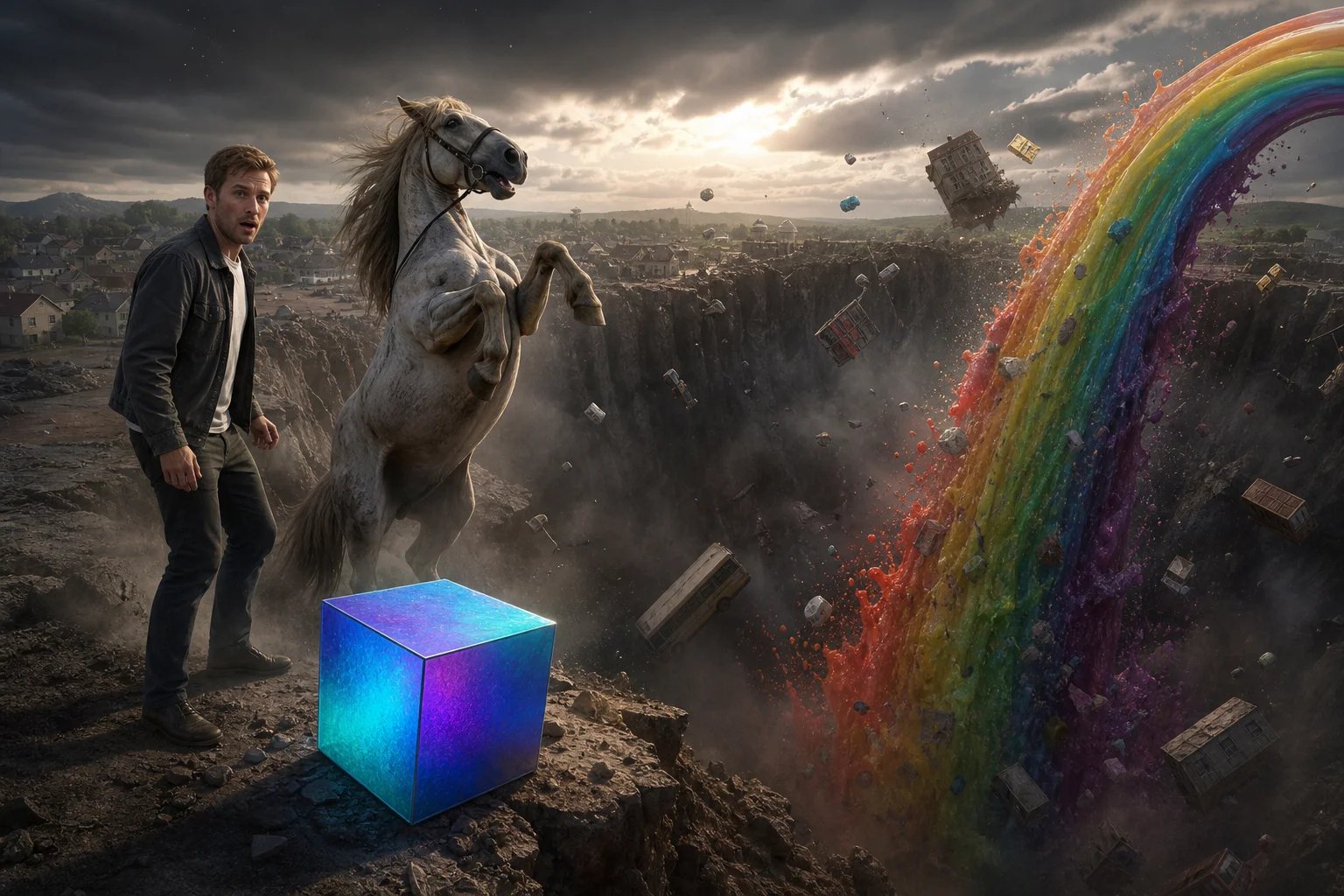 A surreal storm-lit landscape shows a sinkhole swallowing a town, with a rearing horse, an astonished man, and a glowing blue box at the rim as a rainbow arc splashes into the chasm.