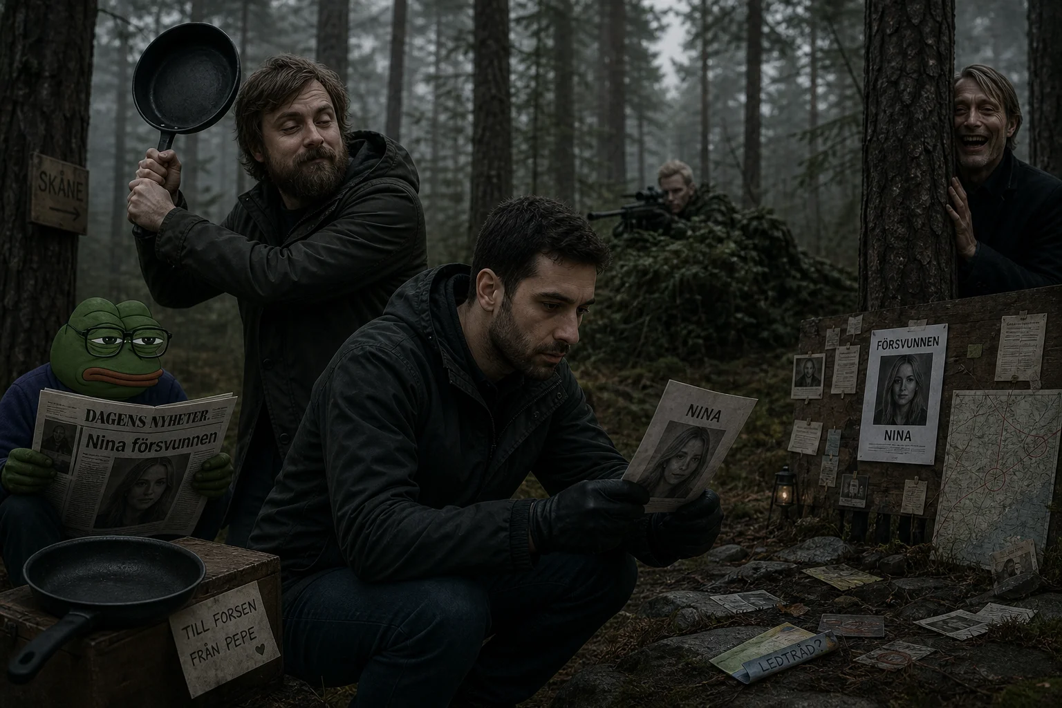 In a foggy Swedish forest, two investigators search for clues while a man secretly raises a frying pan behind one of them, as a bespectacled newspaper reader and hidden figures add absurd intrigue.
