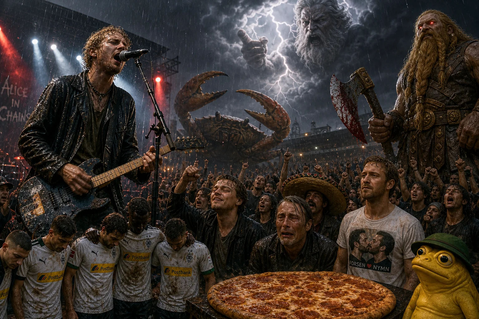 A grunge singer passionately performs on electric guitar and microphone at a rain-soaked nighttime concert, framed by harsh red and white lights, smoky air, a cheering crowd, and surreal fantasy figures.