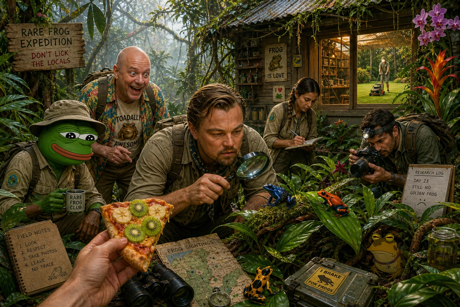 A whimsical jungle expedition team searches lush tropical foliage for rare frogs, with a magnifying glass, field gear, a cheerful frog, and a research cabin amid misty vines and colorful plants.