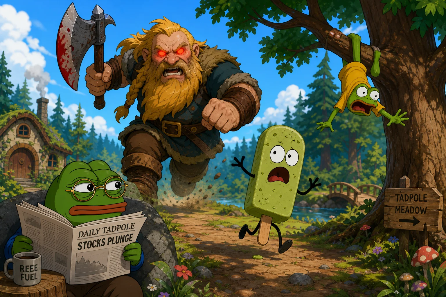 In a vivid cartoon forest clearing, a red-eyed dwarf charges with an axe as a bespectacled frog, surprised matcha ice-cream bar, and upside-down hat-wearing frog scramble away in alarm.
