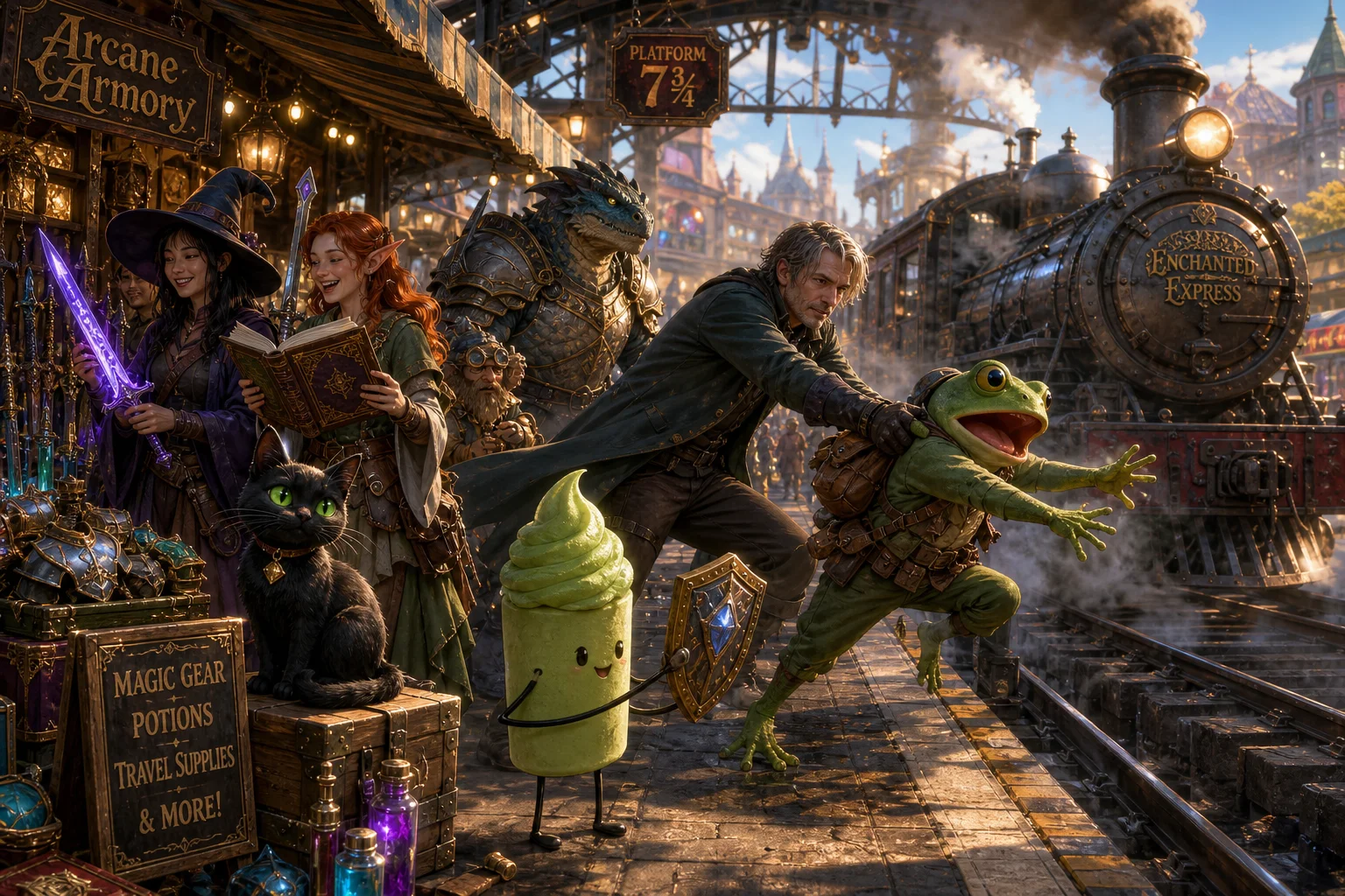 In a bustling enchanted railway market, an adventurer pulls a green frog safely away from an approaching fantasy steam train while companions browse glowing magical gear, watched by a cat and matcha-themed character.
