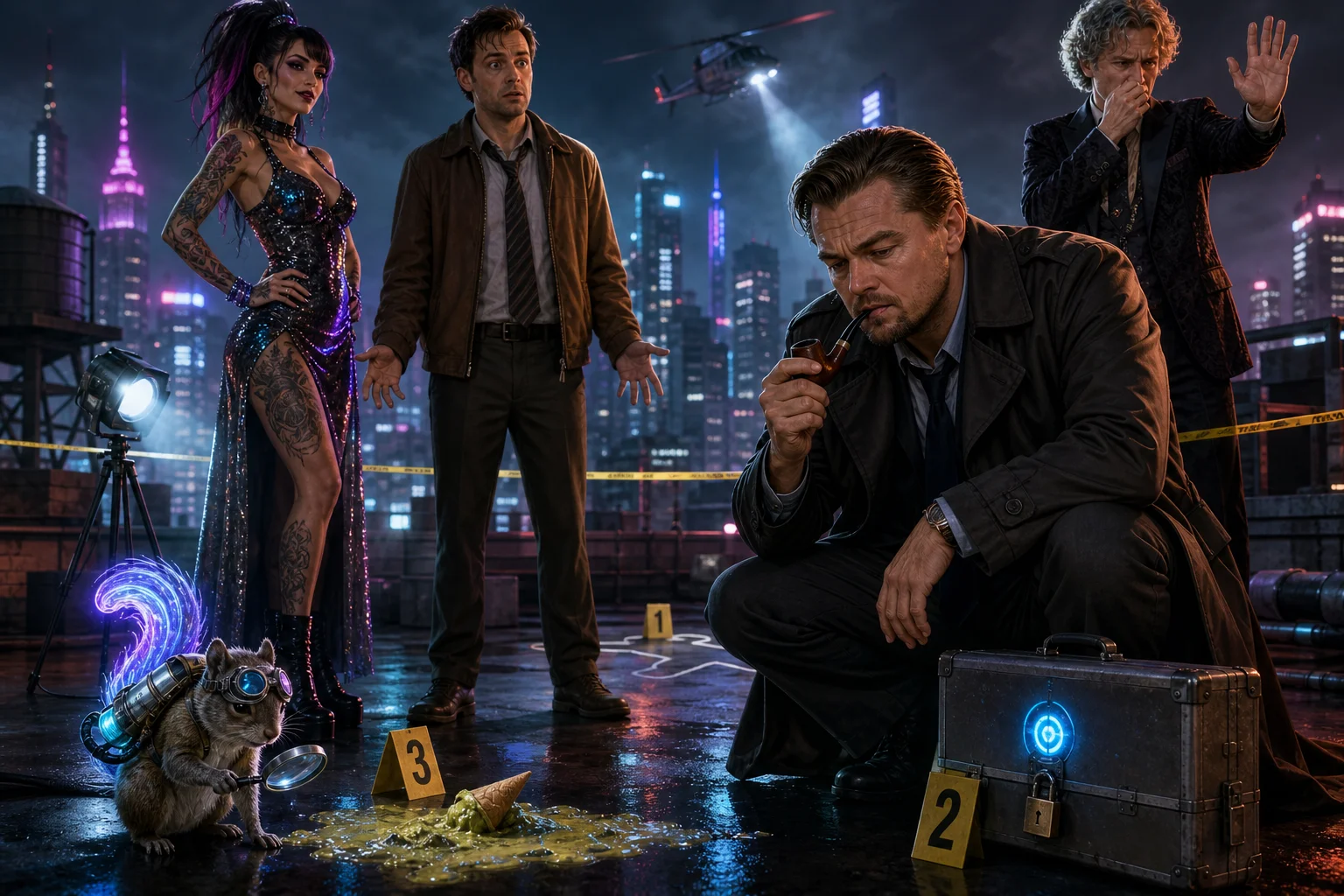 A playful noir crime scene unfolds on a neon-lit rooftop, where suspects, a puzzled man, a pipe-smoking detective, evidence markers, police tape, and a tiny jetpack-wearing squirrel investigate a mysterious locked case.
