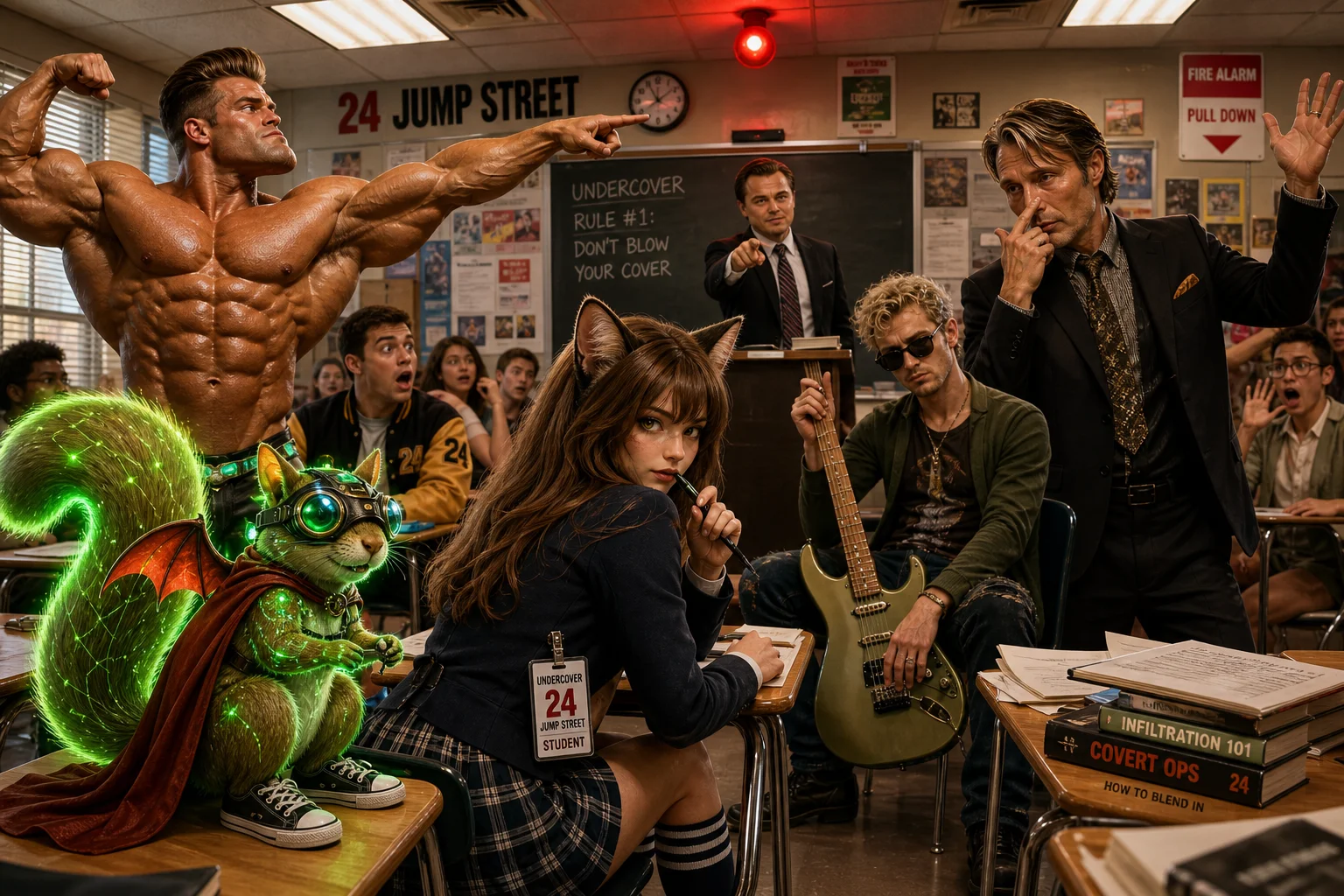 A catgirl undercover student observes a chaotic classroom as a goggle-wearing cyber-squirrel, dramatic bodybuilder, guitarist, theatrical man, and charismatic teacher react to flashing fire alarms and red emergency lights.