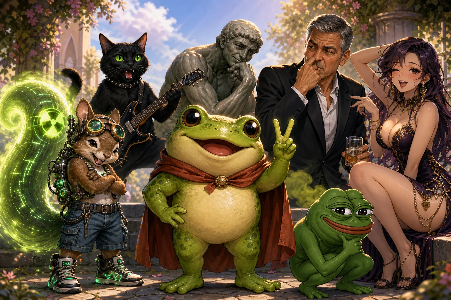 A cheerful, slightly chubby frog-like character in a brown-red cape flashes a V-sign, surrounded by whimsical animal and humanlike companions in a colorful, detailed fantasy cartoon scene.