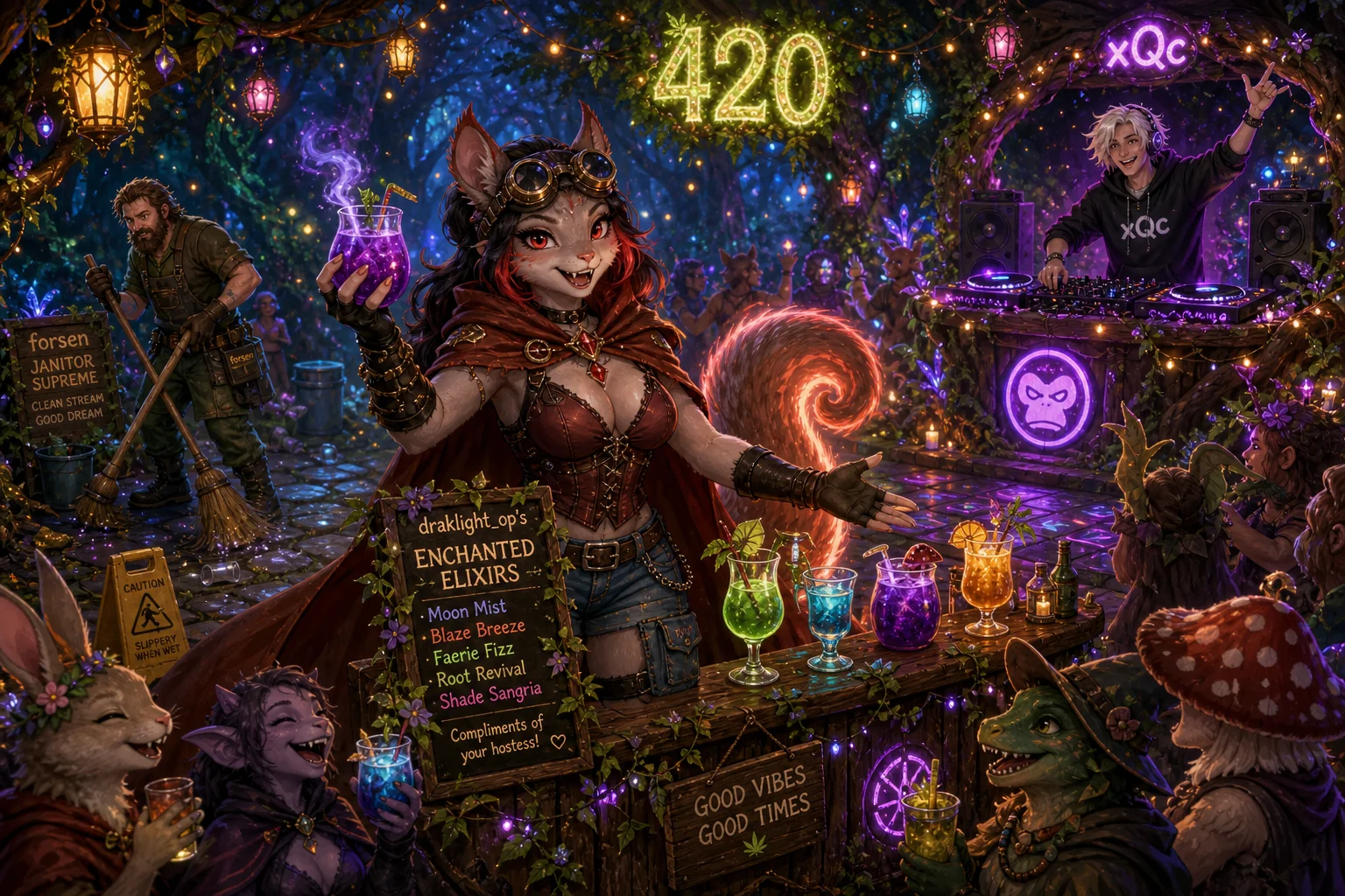 A charismatic squirrel warlock hostess serves colorful drinks at a lively enchanted forest party, surrounded by lanterns, fireflies, mushrooms, magical foliage, a glowing DJ booth, and a janitor sweeping in the background.