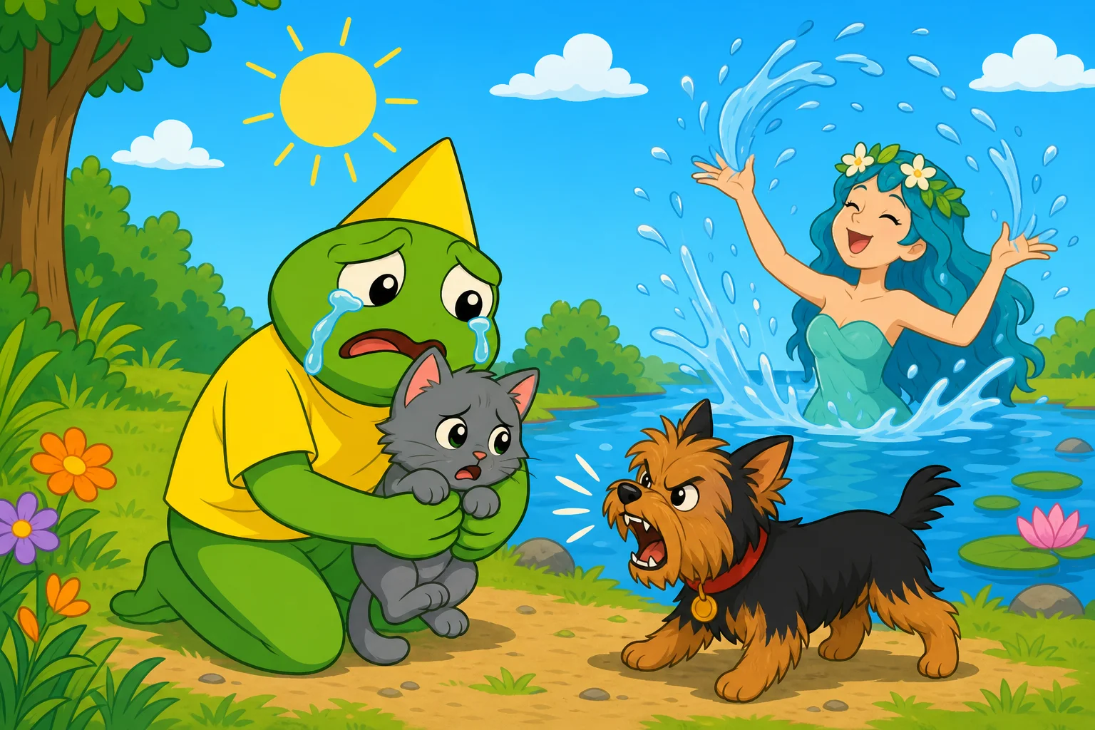 A crying lime-green frog in a yellow hat and shirt gently holds a gray kitten as a small terrier barks nearby, while a water nymph splashes herself in the sunny background.