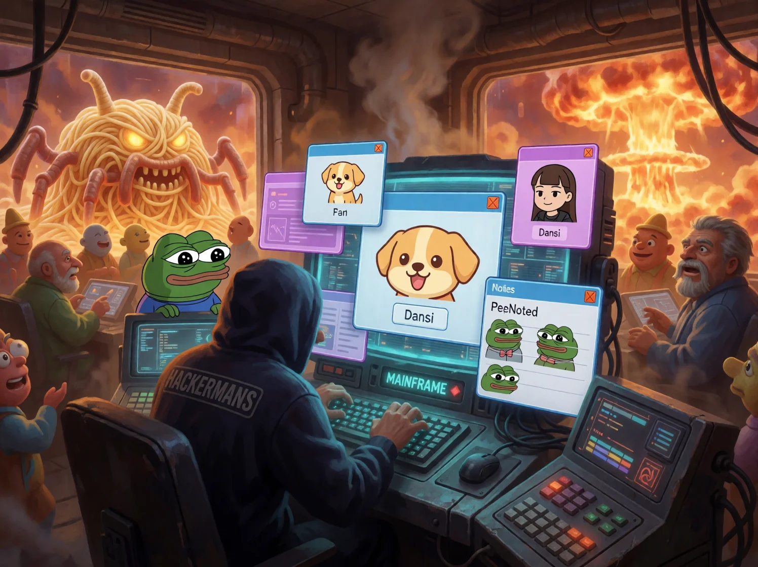 A frantic hoodie-wearing hacker battles a malicious popup at a glowing terminal in a chaotic cyberpunk control room, while colorful alerts, a mischievous mascot, worshippers, and a mushroom cloud fill the scene.