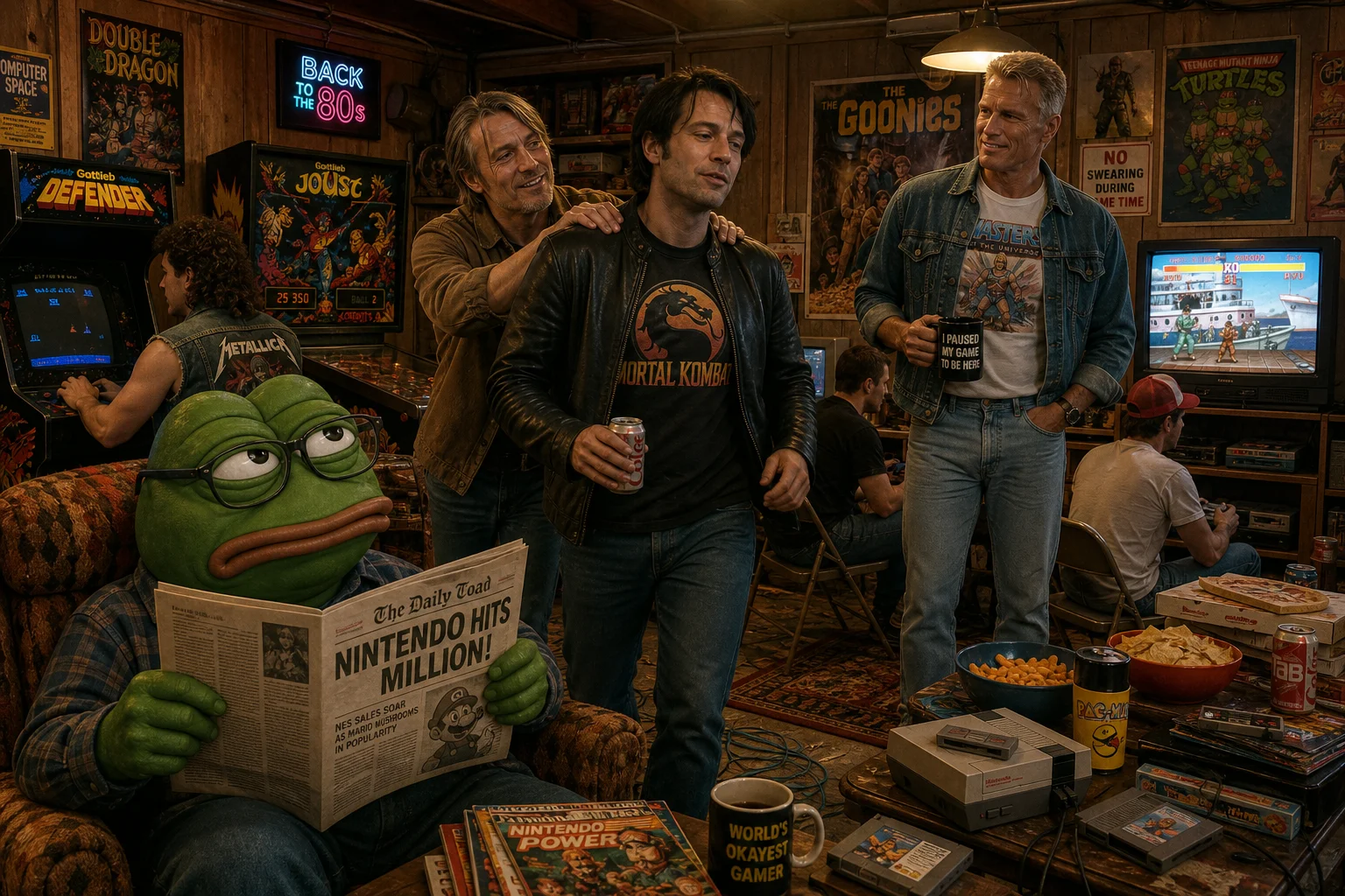 An annoyed older man lowers a newspaper in the foreground while friends play vintage arcade and console games in a warmly lit, cluttered 1980s-style garage clubhouse.