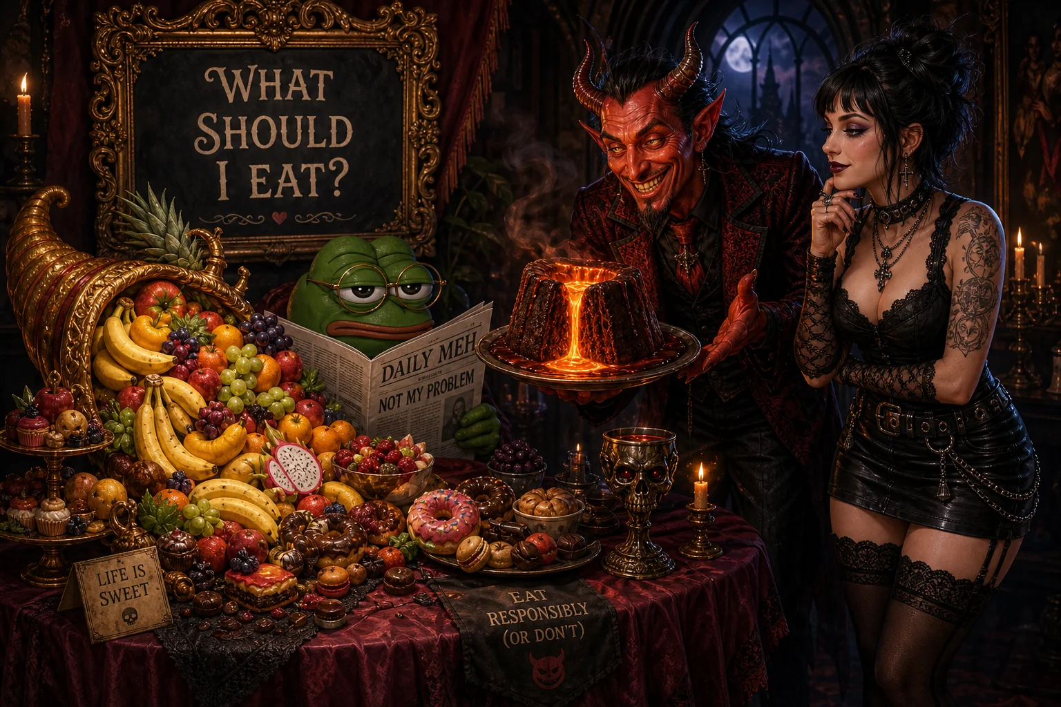 A lavish cornucopia and molten lava cake fill a dramatic dining table as a devil presents the dessert, a bespectacled frog reads a newspaper, and a goth woman examines the food in theatrical lighting.