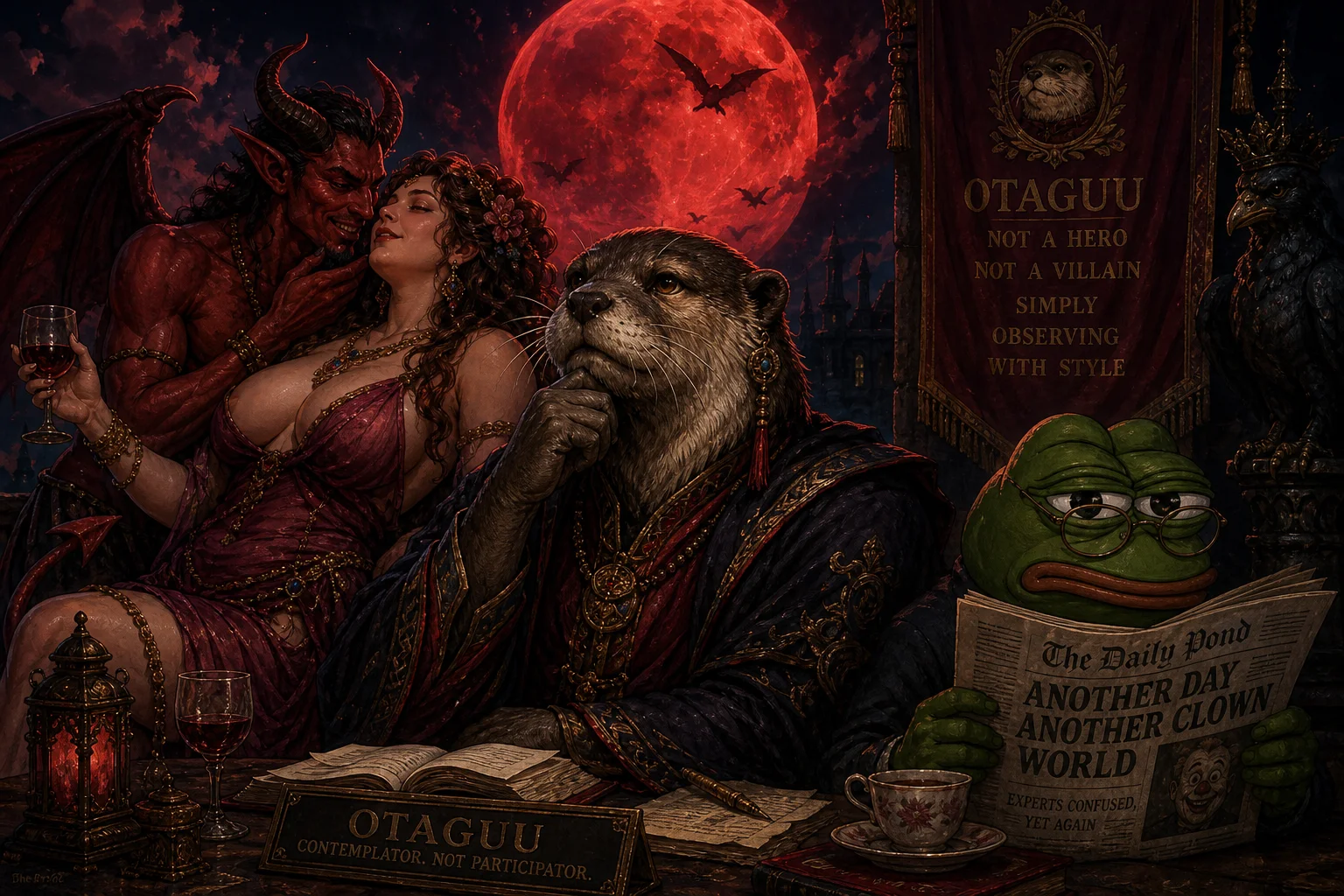 A pensive Otaguu anchors a moonlit dark-fantasy tableau, while a devil flirts with a voluptuous nymph and bespectacled Pepe peers annoyedly over a newspaper beneath a blood-red moon.