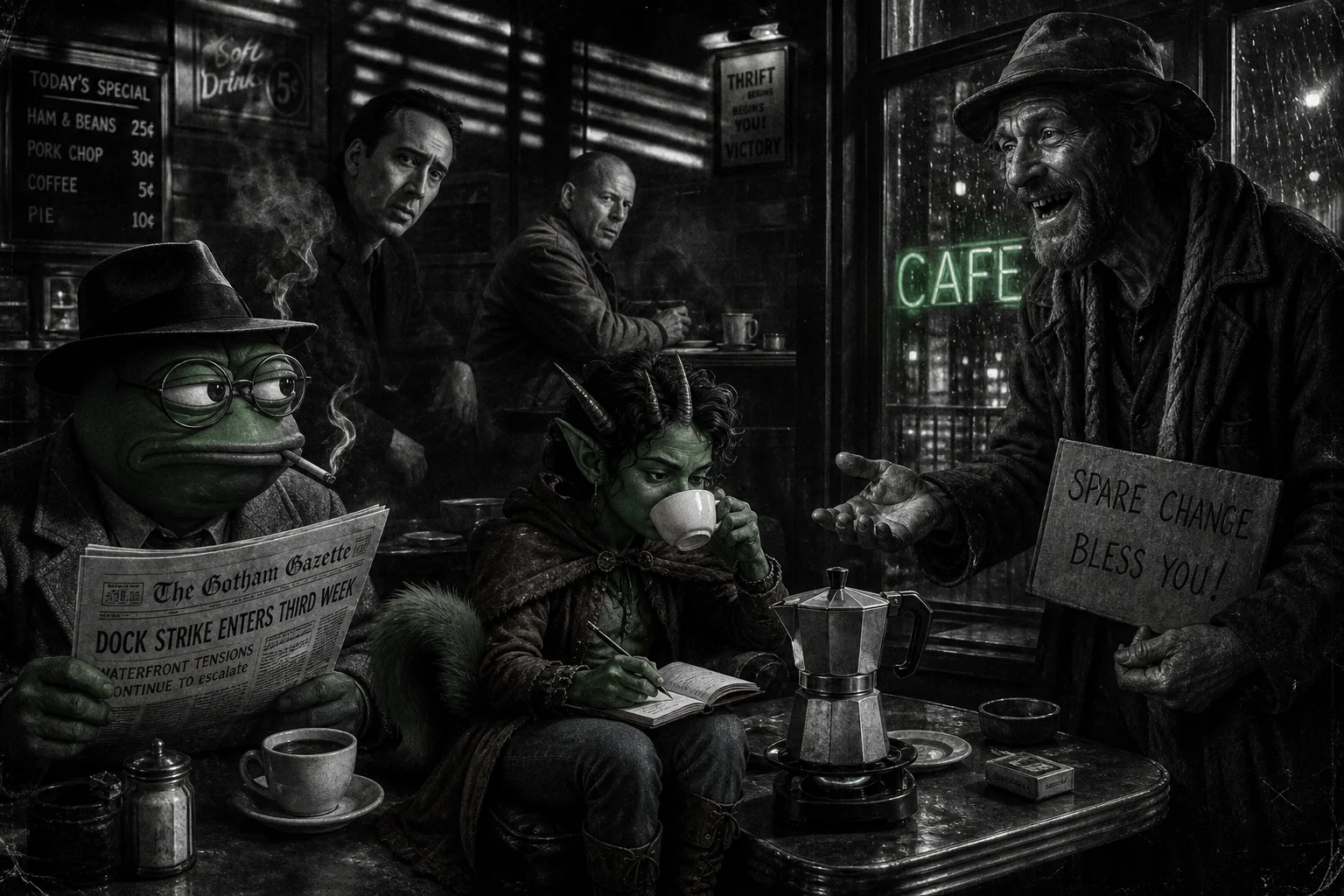A miniature green, horned figure in a brown cape drinks coffee and sketches in a smoky, shadow-filled 1940s noir diner, while eccentric patrons gather nearby.