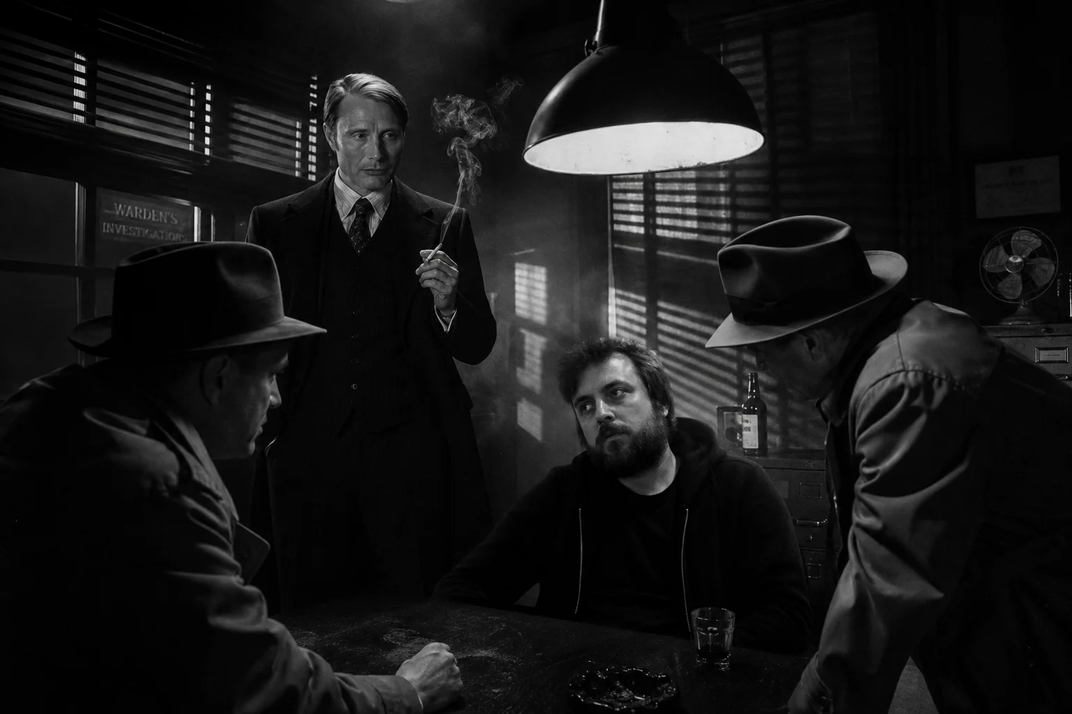Two trench-coated detectives interrogate a tense man beneath a harsh lamp as a suited smoker observes in a smoky 1940s noir back room, framed by venetian-blind shadows.