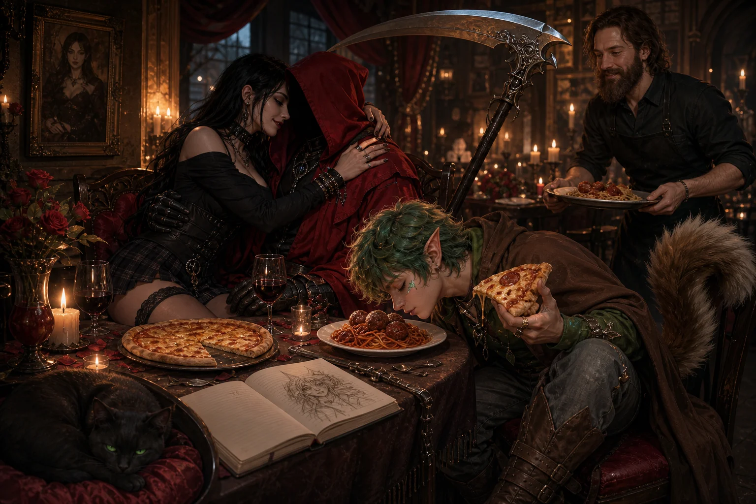 A goth woman embraces a mysterious red-hooded figure with a ceremonial scythe at a candlelit dinner table in a dark-fantasy restaurant, surrounded by pizza, spaghetti, a fey companion, and a sleeping black cat.