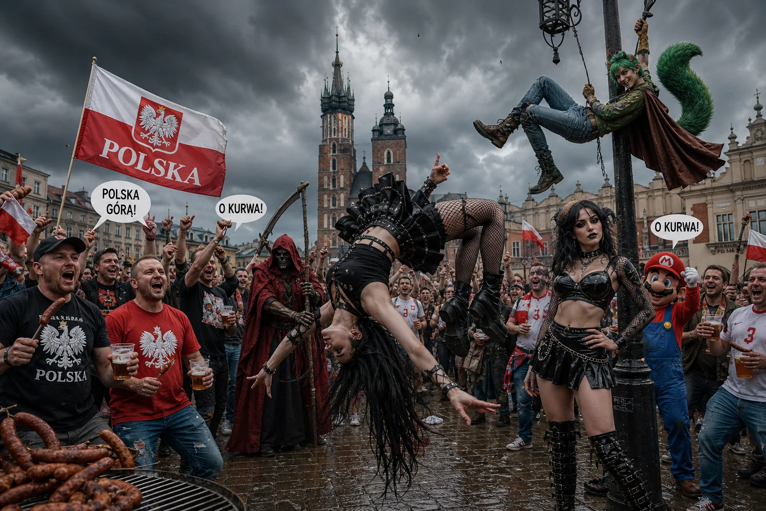 A lively Polish city-square festival unfolds beneath storm clouds, with flag-waving revelers sharing beer and sausages while a goth woman performs a backflip amid colorful fantasy characters and dense European architecture.