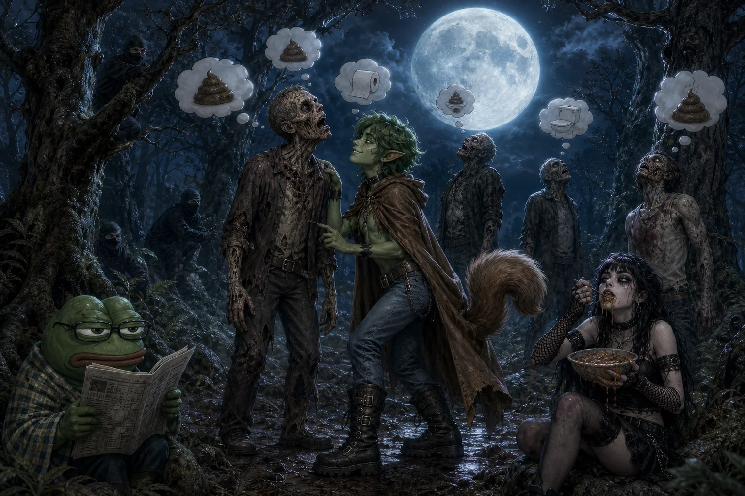 In a moonlit misty forest, vacant zombies gaze at a glowing full moon while a small green fey warlock flirts nearby, an annoyed frog reads a newspaper, and a goth woman eats beside a muddy clearing.