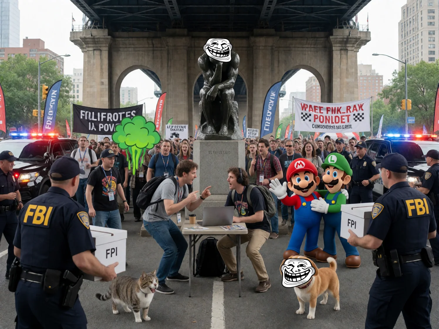 A chaotic Trollface convention unfolds beneath a city bridge as FBI agents raid the crowded event, while startled attendees gather around arguing nerds, a masked statue, costumed characters, and startled pets.