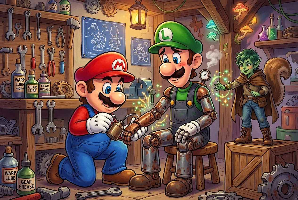 In a colorful fantasy workshop, Mario carefully oils Luigi’s rusty joints and gears while a tiny green fey warlock adds magical sparks and watches approvingly.
