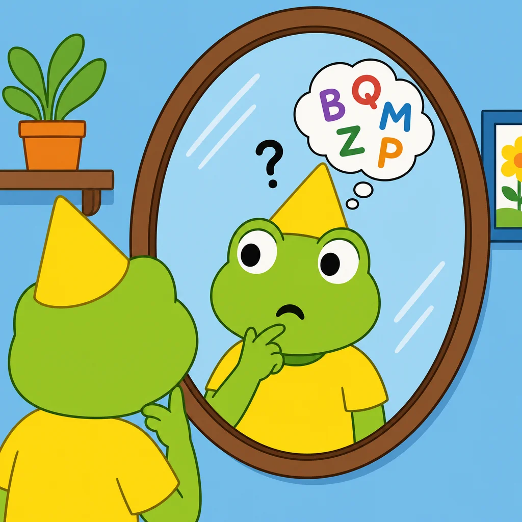 A confused lime-green frog in a yellow cone hat and shirt appears in a framed mirror, with a thought bubble of mixed-up letters against a cheerful cartoon background.