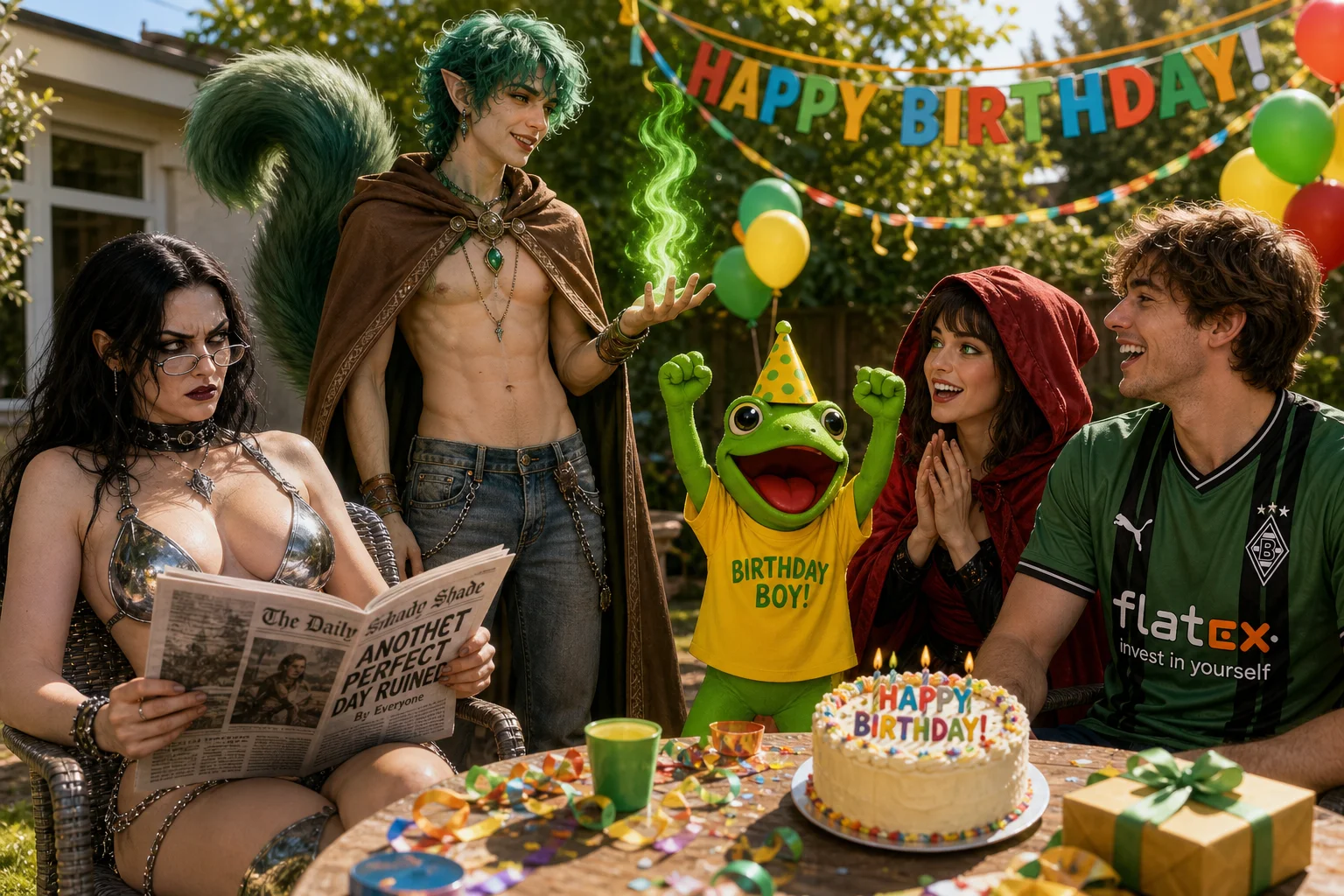 A sunny birthday gathering shows a grumpy goth figure reading a newspaper beside a green warlock, a party-hat frog, and friends in colorful outfits, surrounded by cheerful decorations.