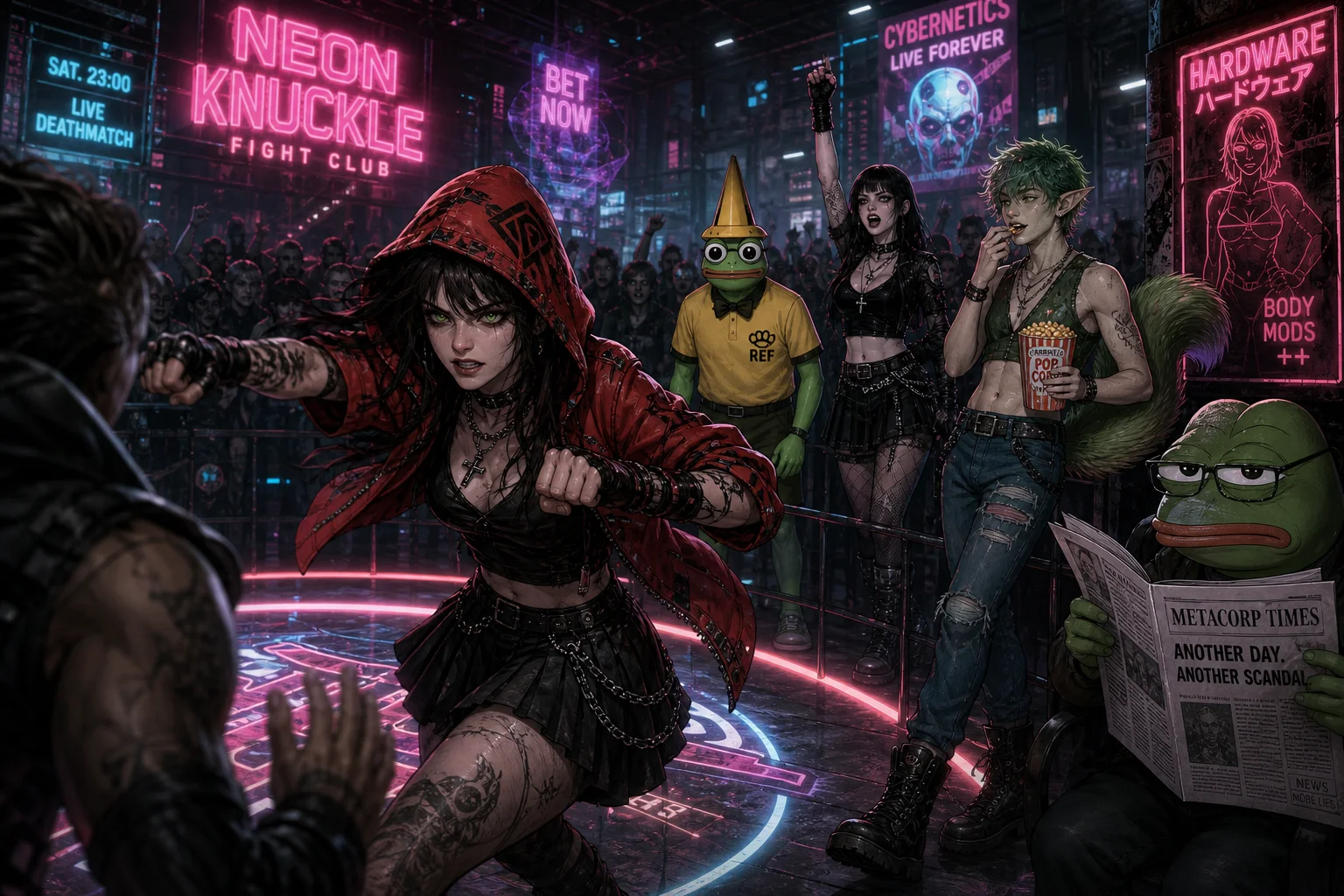A red-hooded goth woman fights an unseen opponent in a glowing ring at a smoky, neon-lit cyberpunk underground arena, while a frog referee and colorful spectators watch from the crowd.