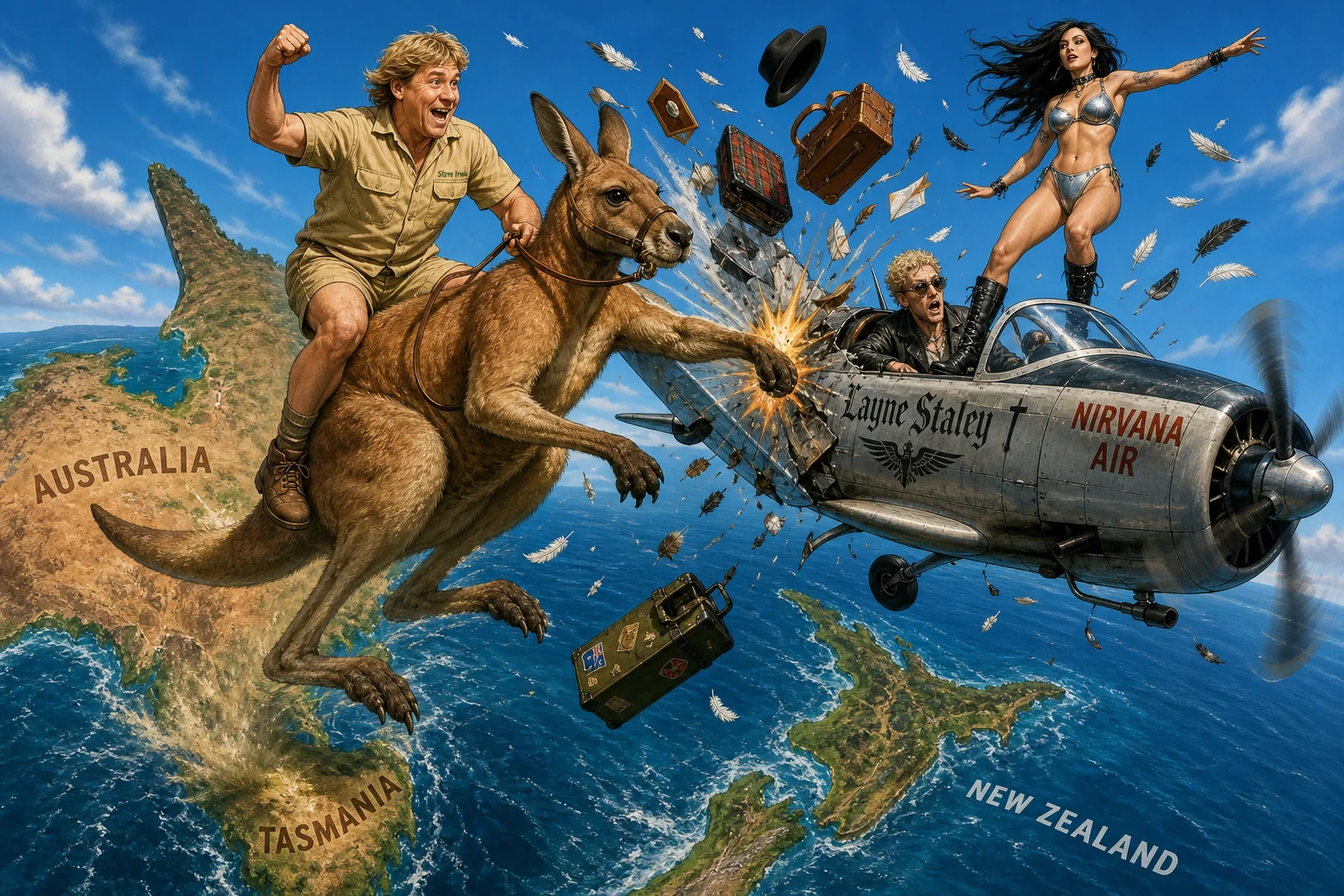 A cartoonish Steve Irwin rides a giant kangaroo leaping from Tasmania toward New Zealand, colliding midair with a small airplane over the ocean in a vivid, comedic action scene.