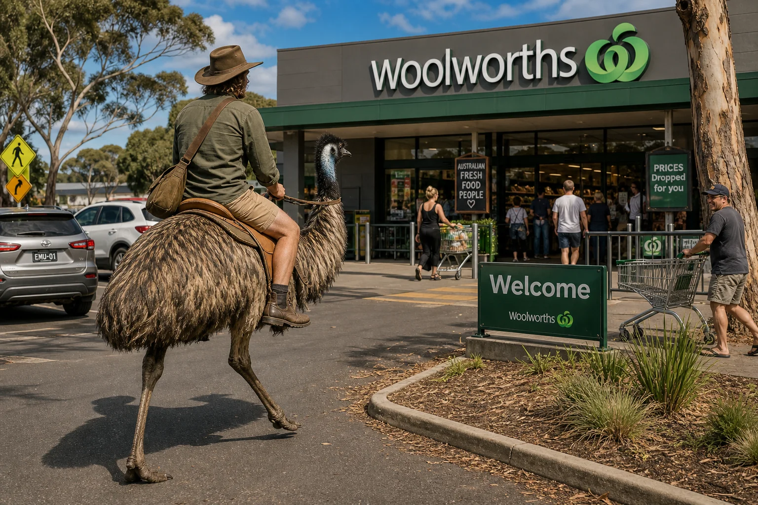 A person rides an emu along an Australian suburban street toward a Woolworths supermarket, with shoppers and carts nearby in warm daylight.
