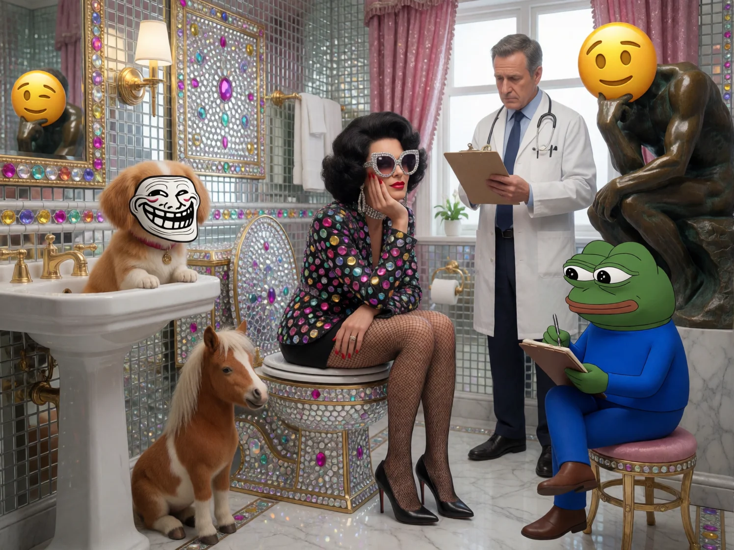 A glamorous person ponders on a rhinestone-covered toilet in a lavish bathroom as a masked dog uses the sink, a small horse watches, and a note-taking figure, statue, and doctor observe.