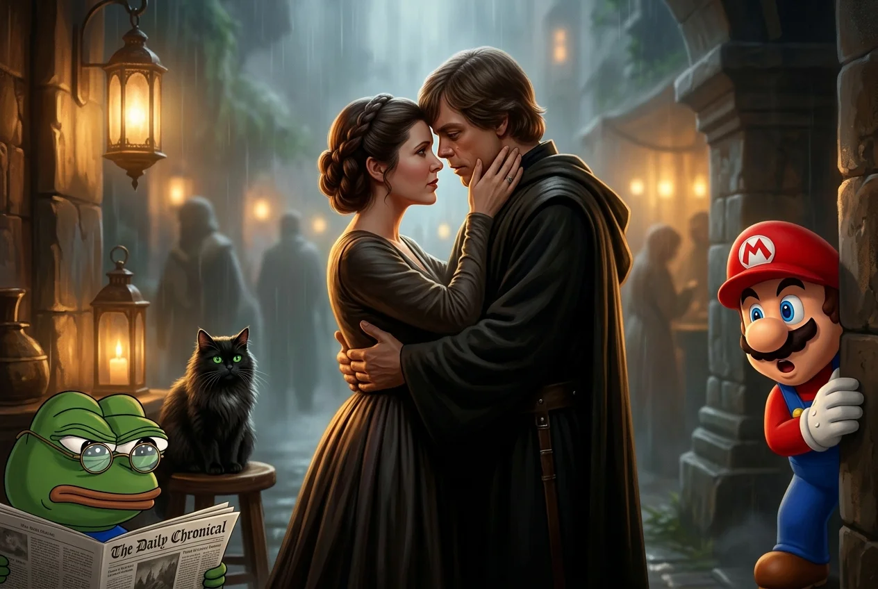 A cinematic illustration shows Luke Skywalker and Leia Organa embracing romantically in a warm, misty setting while Mario watches in astonishment, Pepe the Frog disapproves behind a newspaper, and a green-eyed black cat looks on.