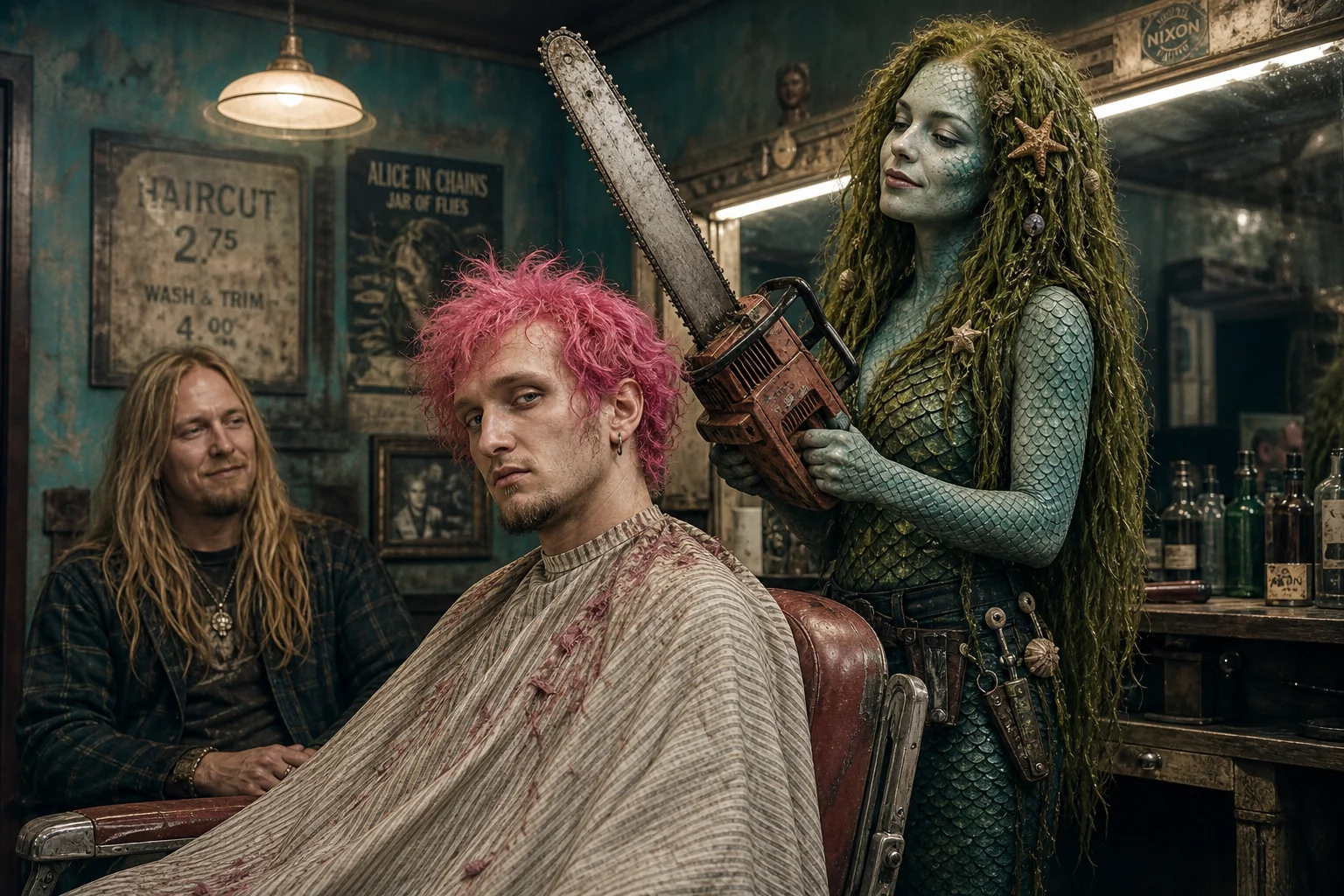 A surreal grunge scene shows a pink-haired musician seated in a vintage barbershop chair while a moss-haired, scaled barber holds a theatrical chainsaw, with another musician watching bemusedly amid worn mirrors and muted teal-and-rust hues