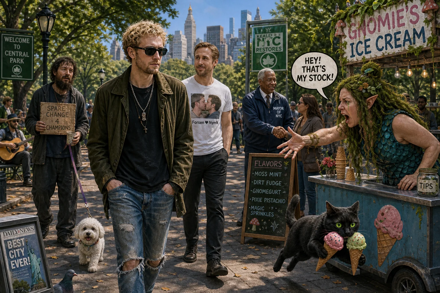 In a whimsical New York City park, a musician walks along a tree-lined path as a moss-haired ice cream vendor calls after a green-eyed black cat fleeing with two cones.