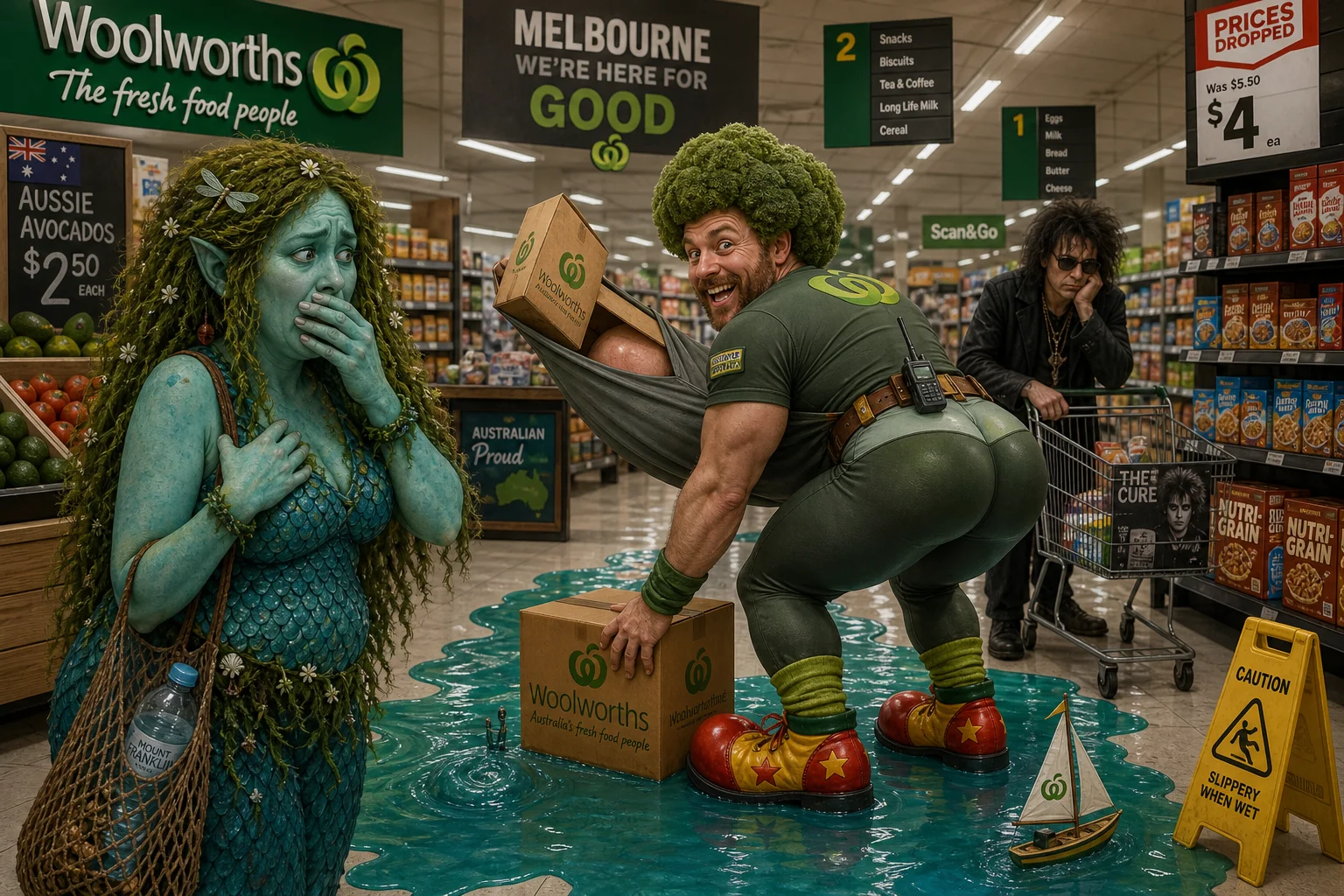 A whimsical employee in clown shoes bends to pick up a box in a brightly lit Melbourne supermarket, while a startled blue-green customer, a rock-inspired shopper, and a mischievous puddle animate the grocery aisles.