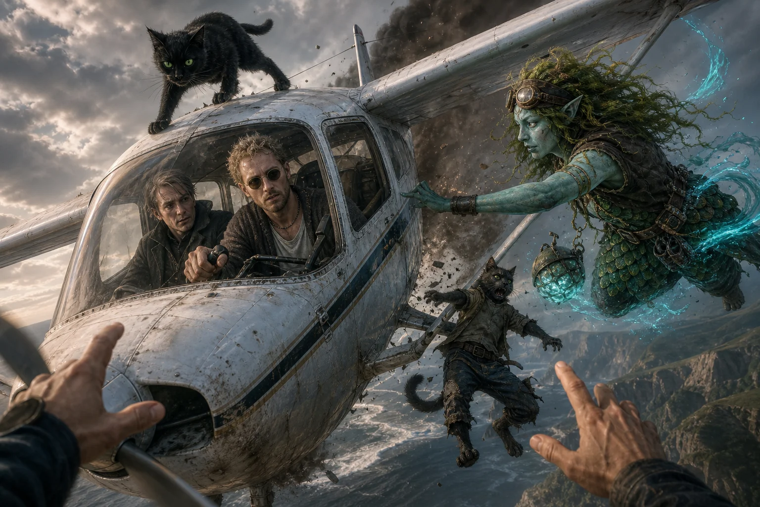 A small aircraft makes a smoky emergency descent over a rugged coast, carrying tense passengers while a black cat and whimsical water-gnome engineer fly alongside amid magical blue-green energy and dramatic clouds.