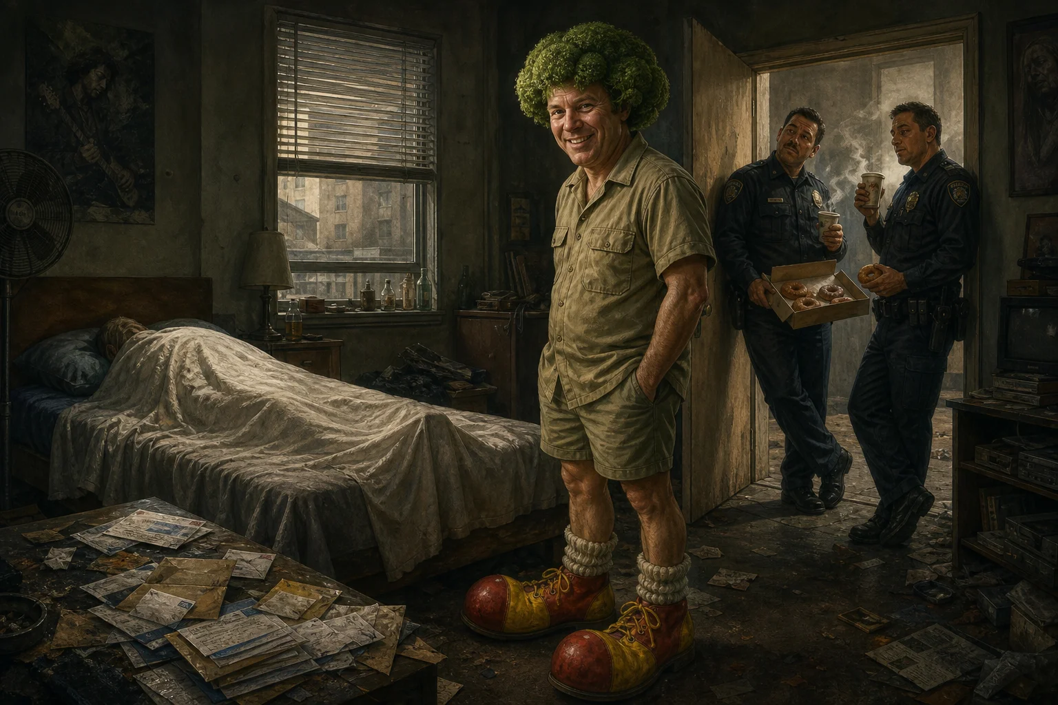A sheet-covered figure lies on a bed in a cluttered, dim apartment while a surreal woman in oversized clown shoes stands nearby and two weary police officers pause at the doorway with donuts and coffee.