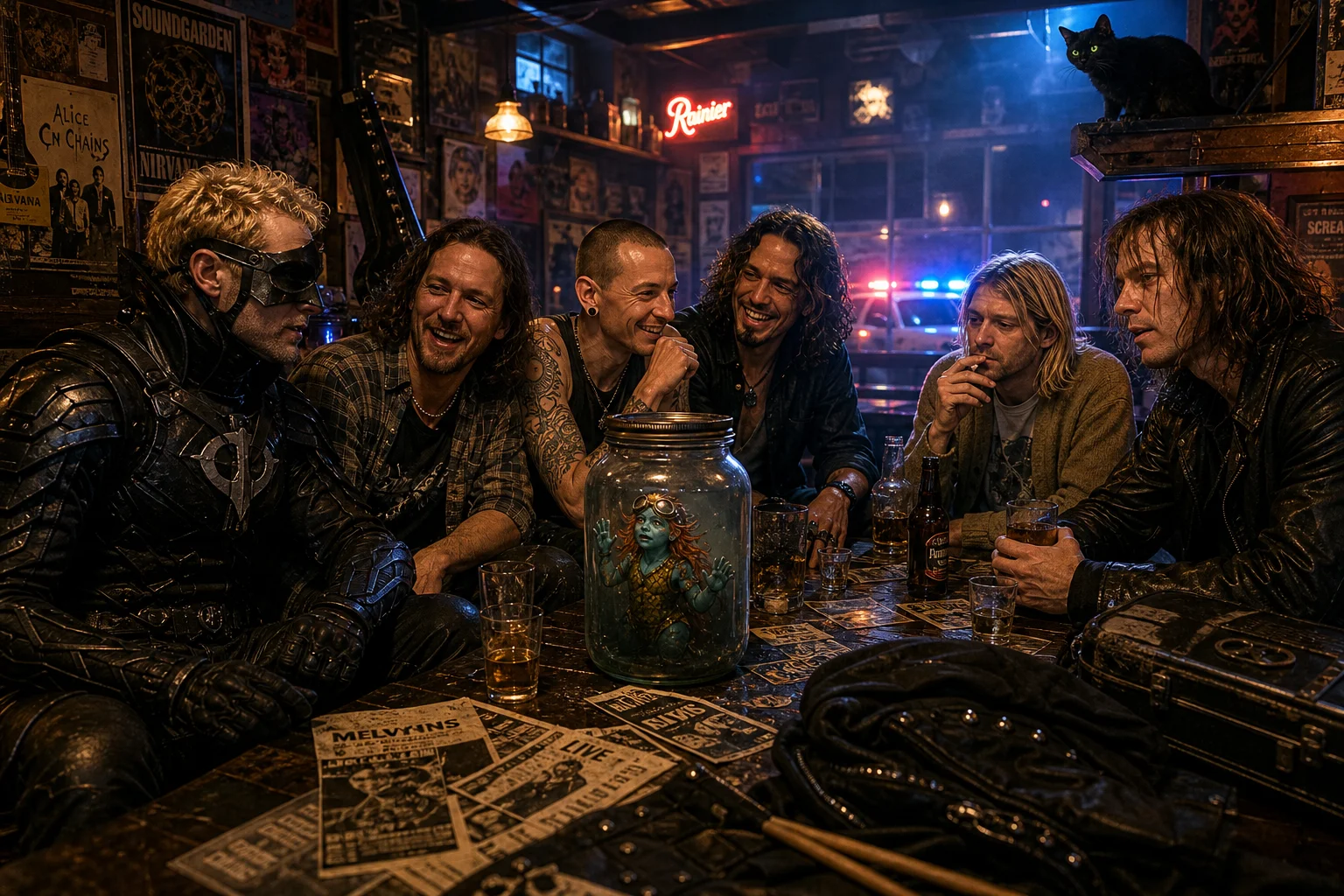 A group of rock musicians relax around a table in a smoky neon-lit bar after a concert, while a tiny blue-green creature presses against a jar and a black cat watches from above amid flashing police lights.