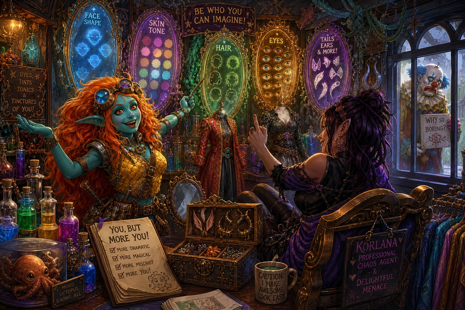 A blue-green water gnome with fiery hair and goggles enthusiastically presents fantasy accessories to Korlana in a glowing magical shop, while Korlana teasingly gestures back and a sad clown watches outside.