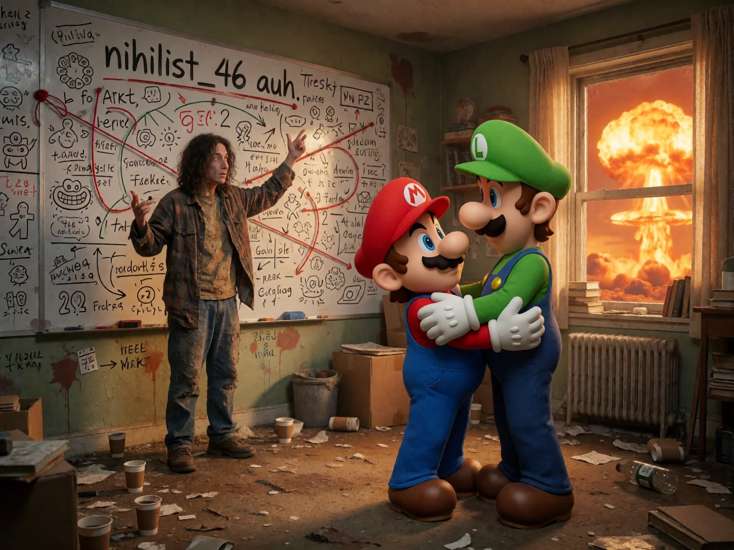In a cluttered apartment workshop, a sleep-deprived person frantically explains a joke beside a chaotic whiteboard while two plumbers embrace in the foreground and a stylized nuclear blast glows outside.