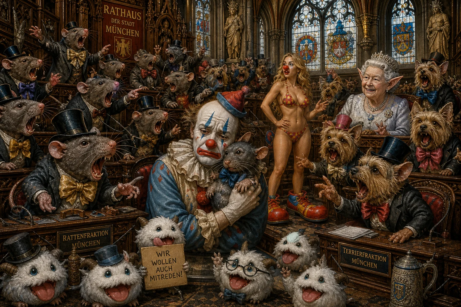 A surreal cast of terrier-like rats, rat-like terriers, a sad clown, whimsical creatures, and eccentric dignitaries debate dramatically in an ornate German Rathaus chamber under theatrical lighting.